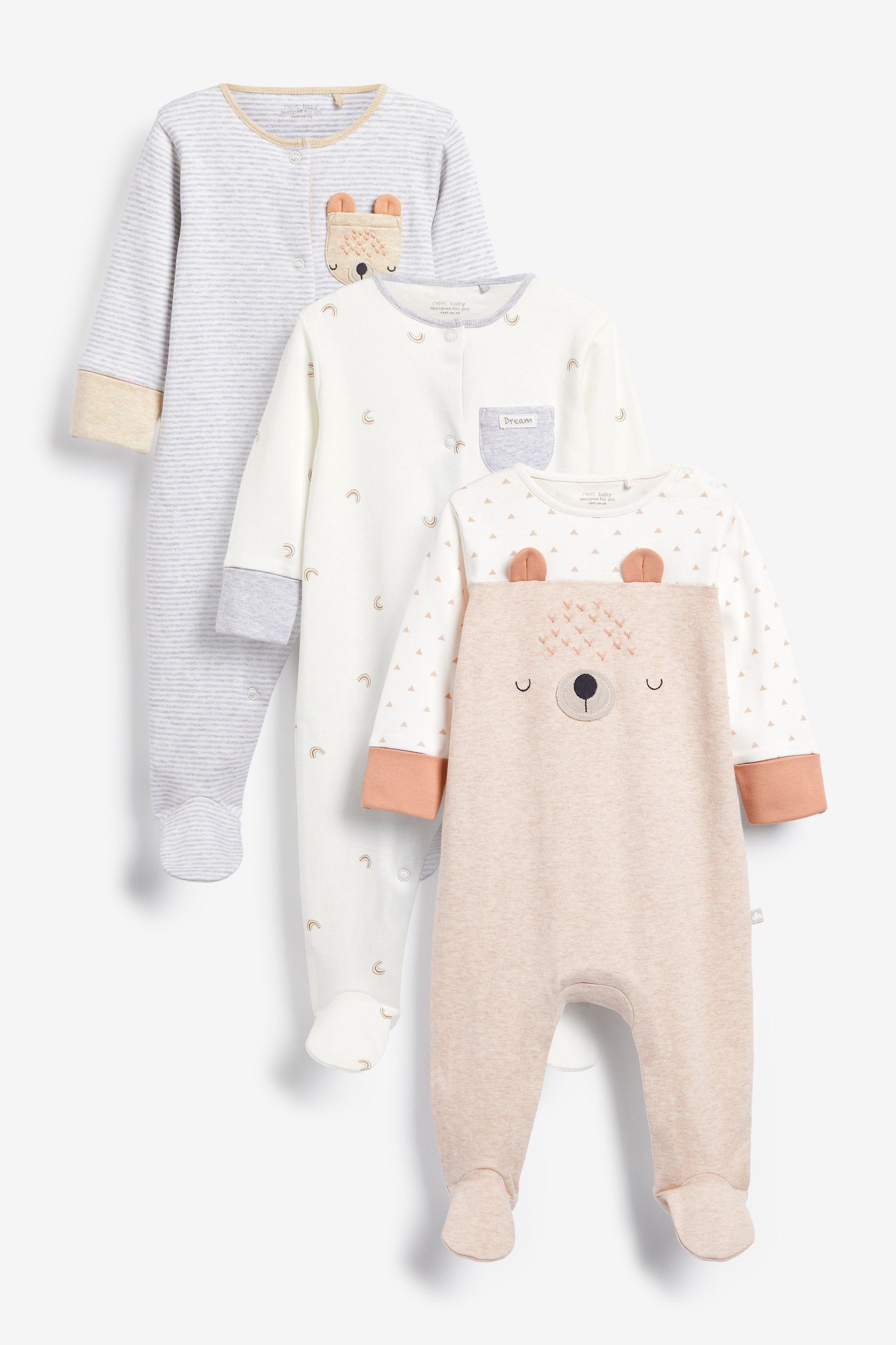 Next Schlafoverall Gerippte Babyschlafanzüge, Face Neutral Bear (3-tlg) 3er-Pack