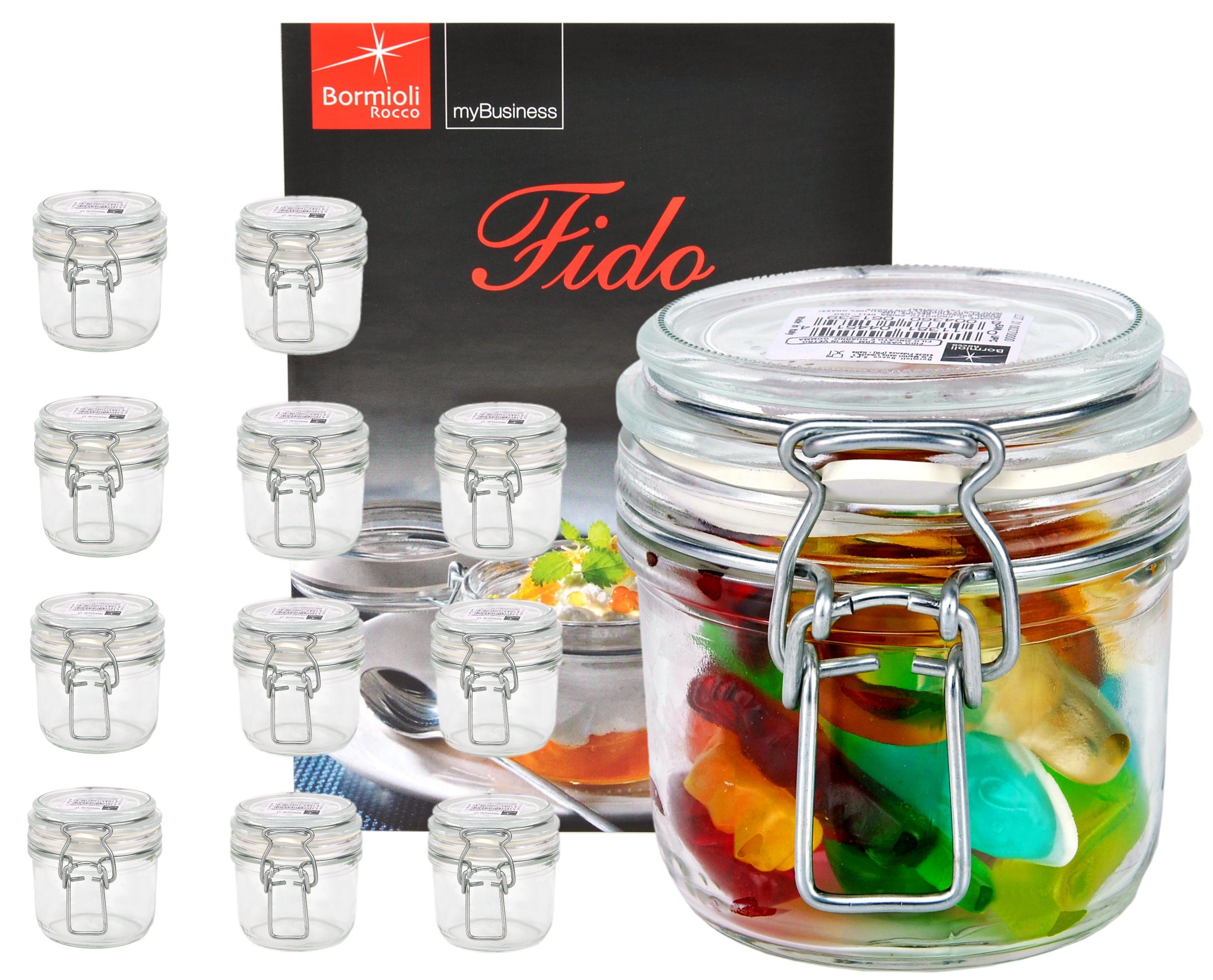 MamboCat Vorratsglas 12er Set Einmachglas Bügelverschluss Original Fido 0,2L incl. Bormioli Rezeptheft