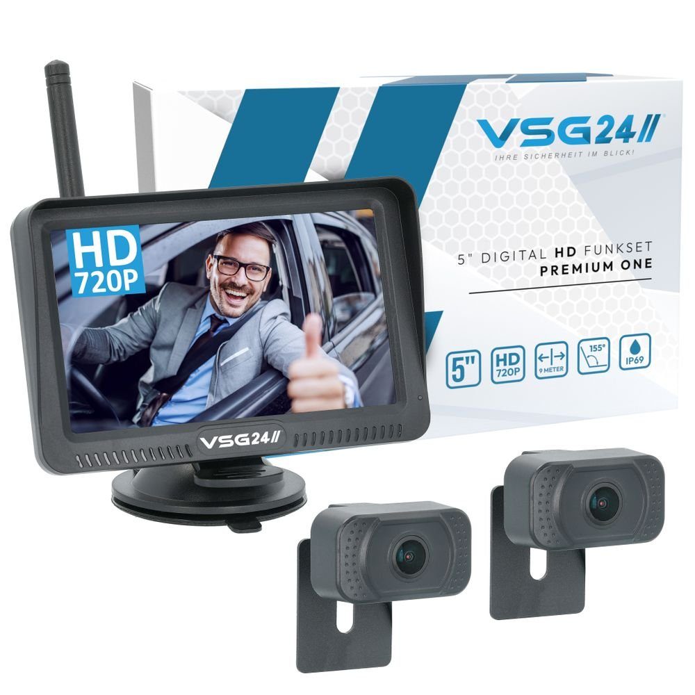 5" FUNK-Set PREMIUM ONE HD für PKW Nummernschild inkl. Monitor, 2x Rückfahrkamera