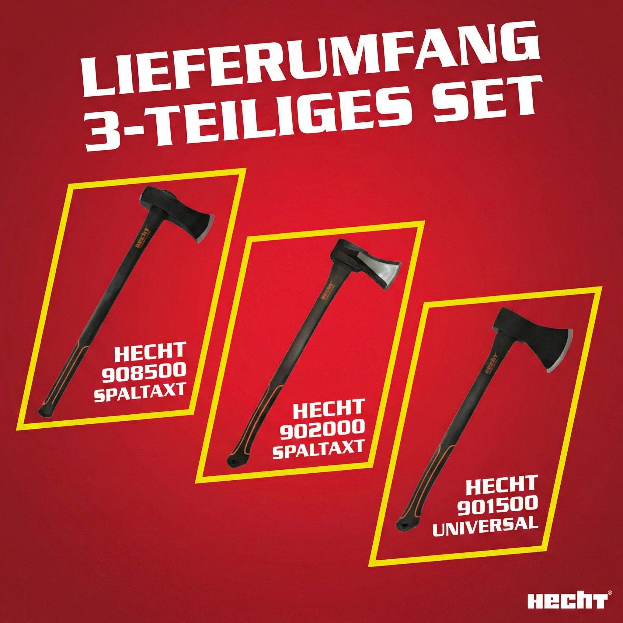 Hecht Axt 55cm Axt 63cm & 85cm Spaltaxt Set, (3-St), Fiberglaskern, mit Gummischutzlippe