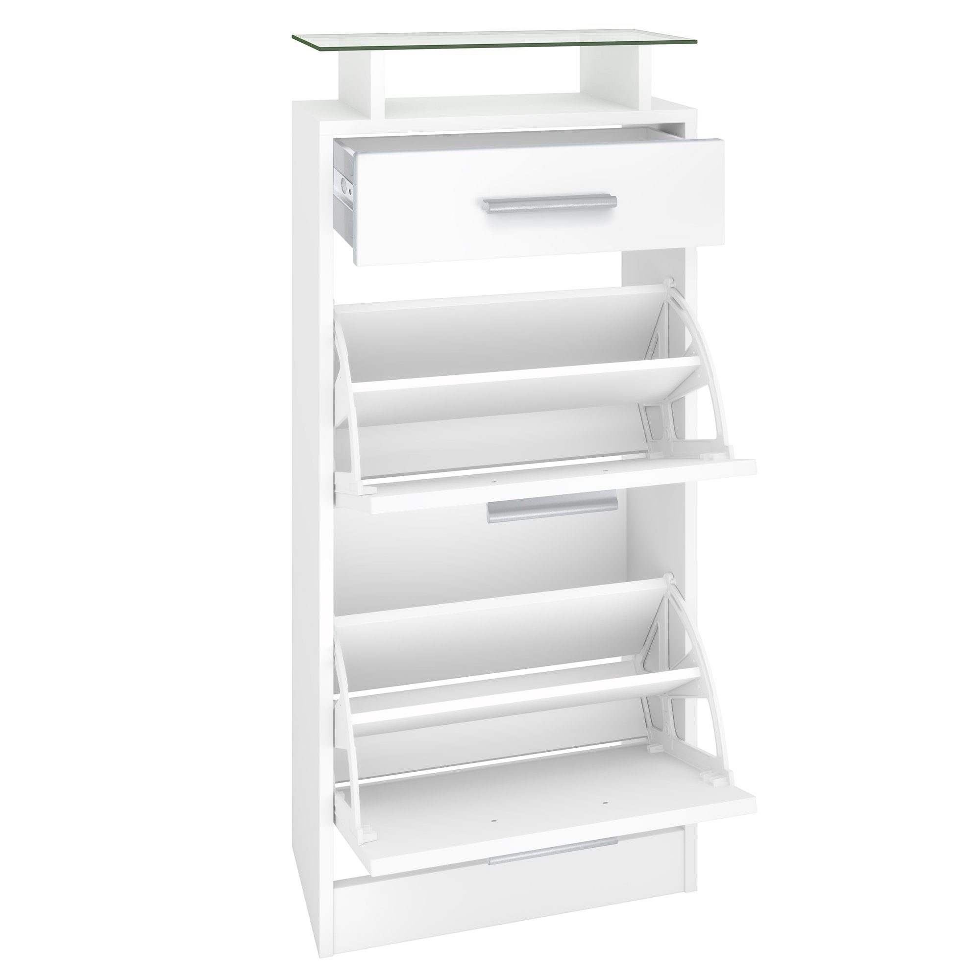 Vladon Garderoben-Set Loret V2, (Garderobe Set bestehend aus 1 Schuhschrank, 1 Wandspiegel, 2 Garderobenpaneele), Weiß matt (140 x 23 x 200 cm)