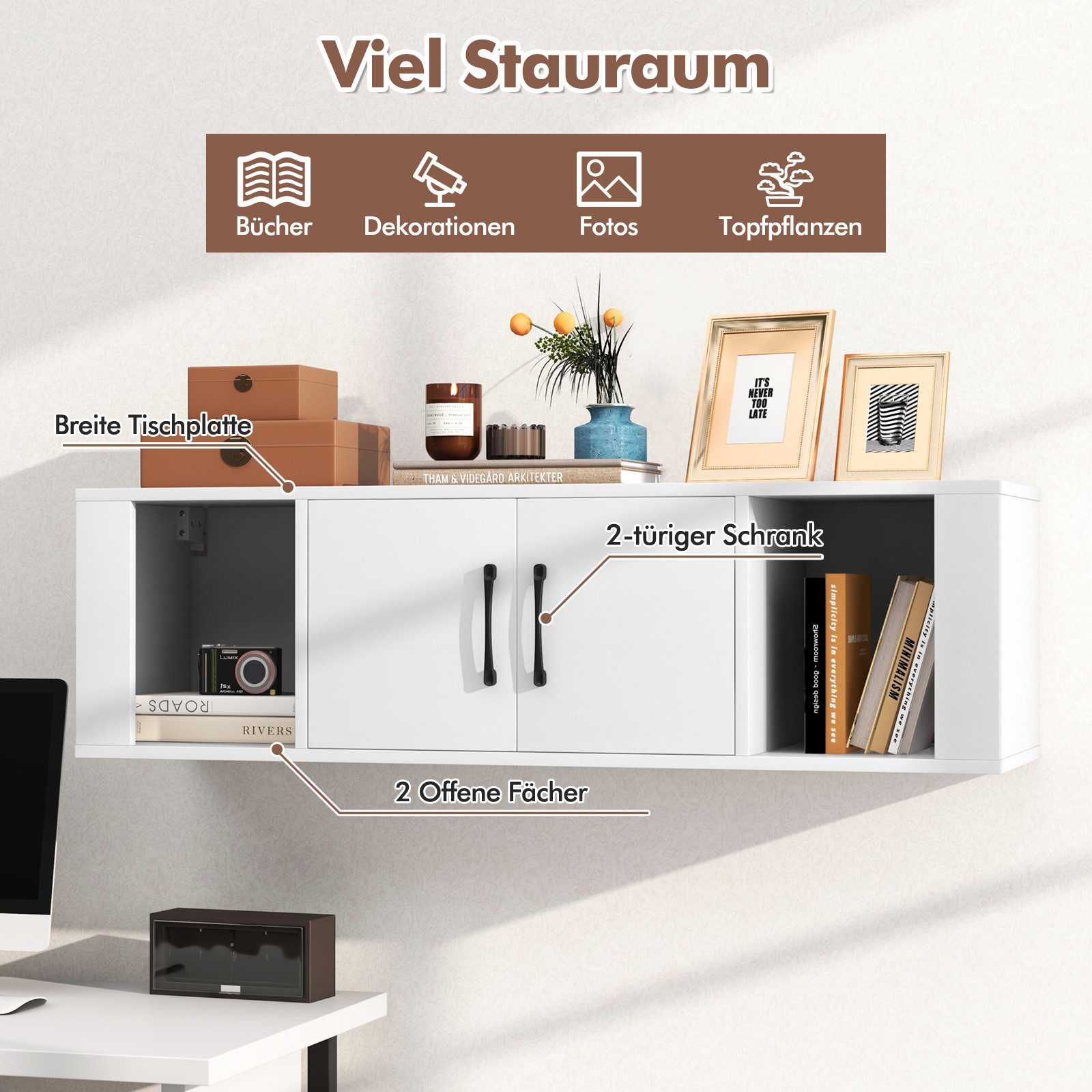 COSTWAY Hängeschrank mit 4 Fächern & 2 Türen Lowboard für Fernseher, 108cm – Bild 3 von 5