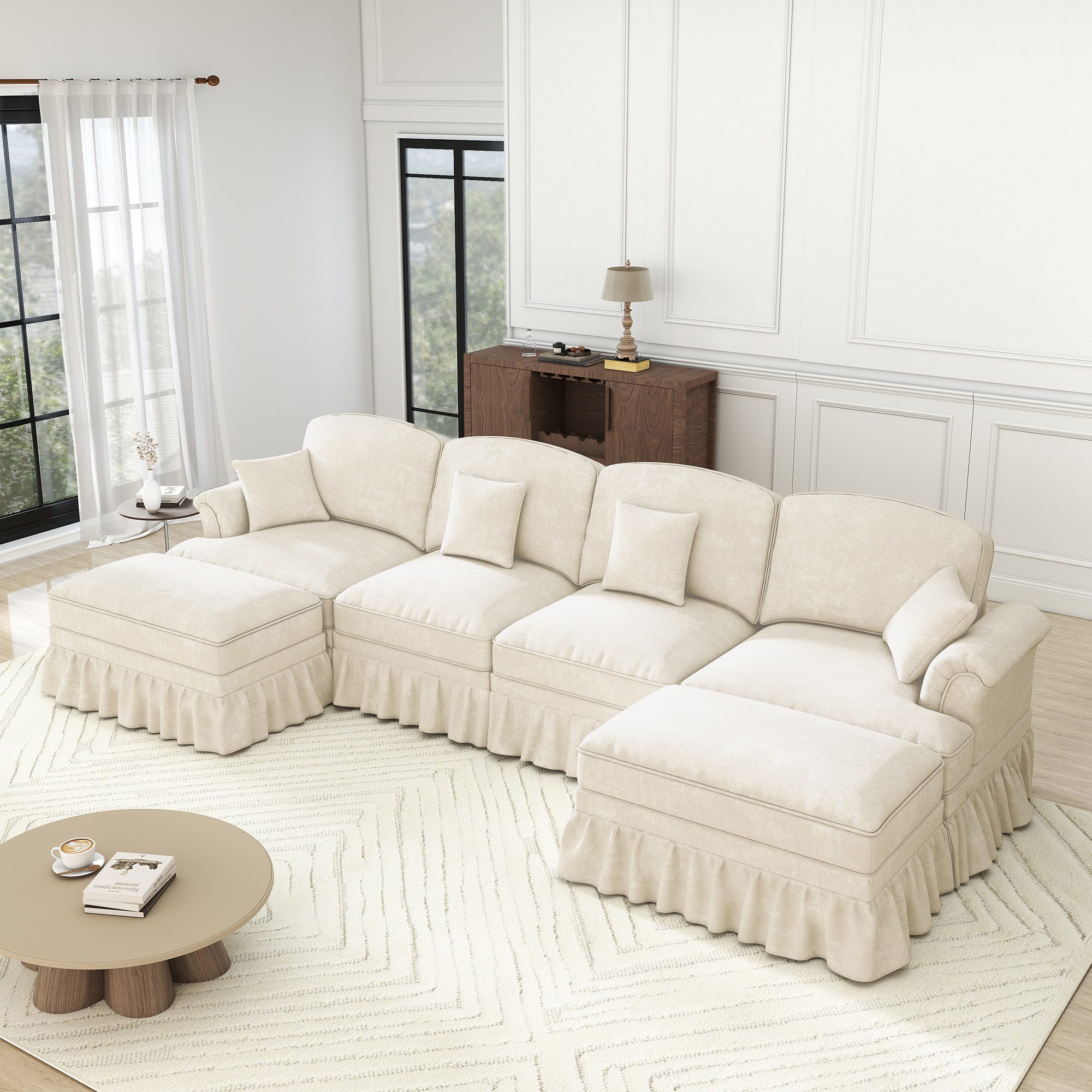Leawin Sofa U-förmiges modulares 4-Sitzer Chenille-Sofa mit Rüschenrock & Hocker, Elegantes U-Sofa mit abnehmbarer Rüschenschürze, flexiblem Layout