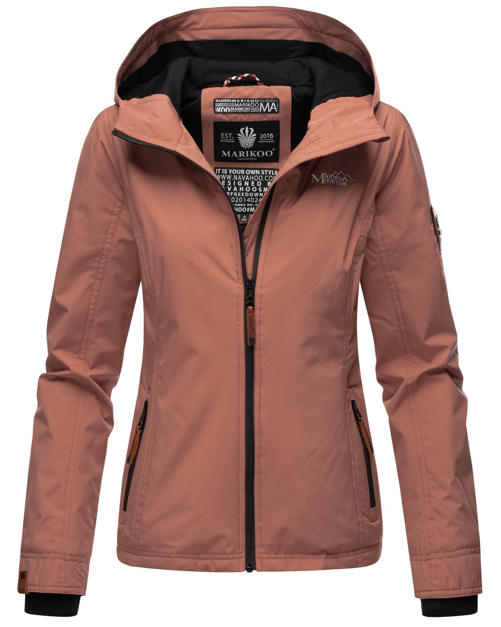 Outdoorjacke seitliche mit Übergangsjacke Marikoo mit sportliche Eingriffstaschen Kapuze, Reißverschluss Zwei Brombeere