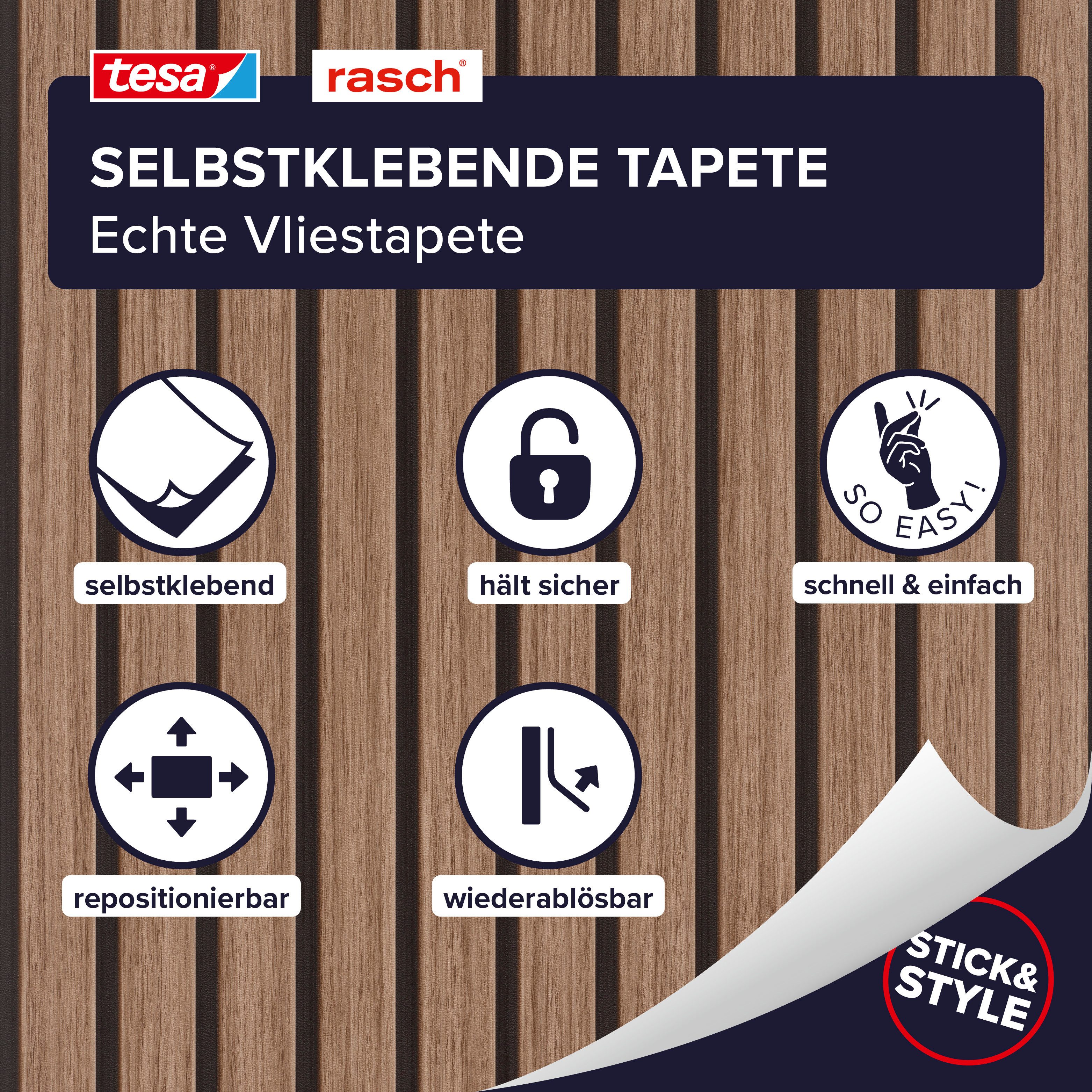 Rasch Vliestapete Echo - Selbstklebende Tapete Holzpaneele von tesa® x rasch®, strukturiert, Holzoptik, gestreift, Streifen, (1 St), selbstklebend, 6,00m x 0,53m