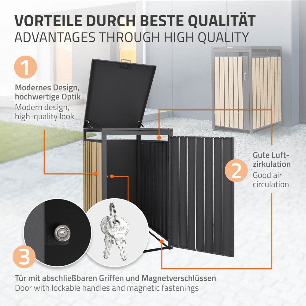 ML-DESIGN Mülltonnenbox Müllbox aus Stahl wetterfeste Mülltonnen Verkleidung Mülltonnengarage, Mülltonnencontainer mit Klappdeckel/Tür für 1 Tonne 120 oder 240 Liter