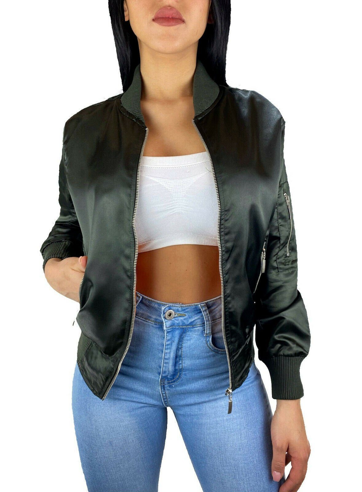 mit NEU Übergangsjacke Piloten Reißverschluss Leicht Blogger Worldclassca Damen Grün Bomberjacke Freizeit Jacket Blouson Fliegerjacke Glänzend Bomberjacke XS-L Bomber Jacke Worldclassca