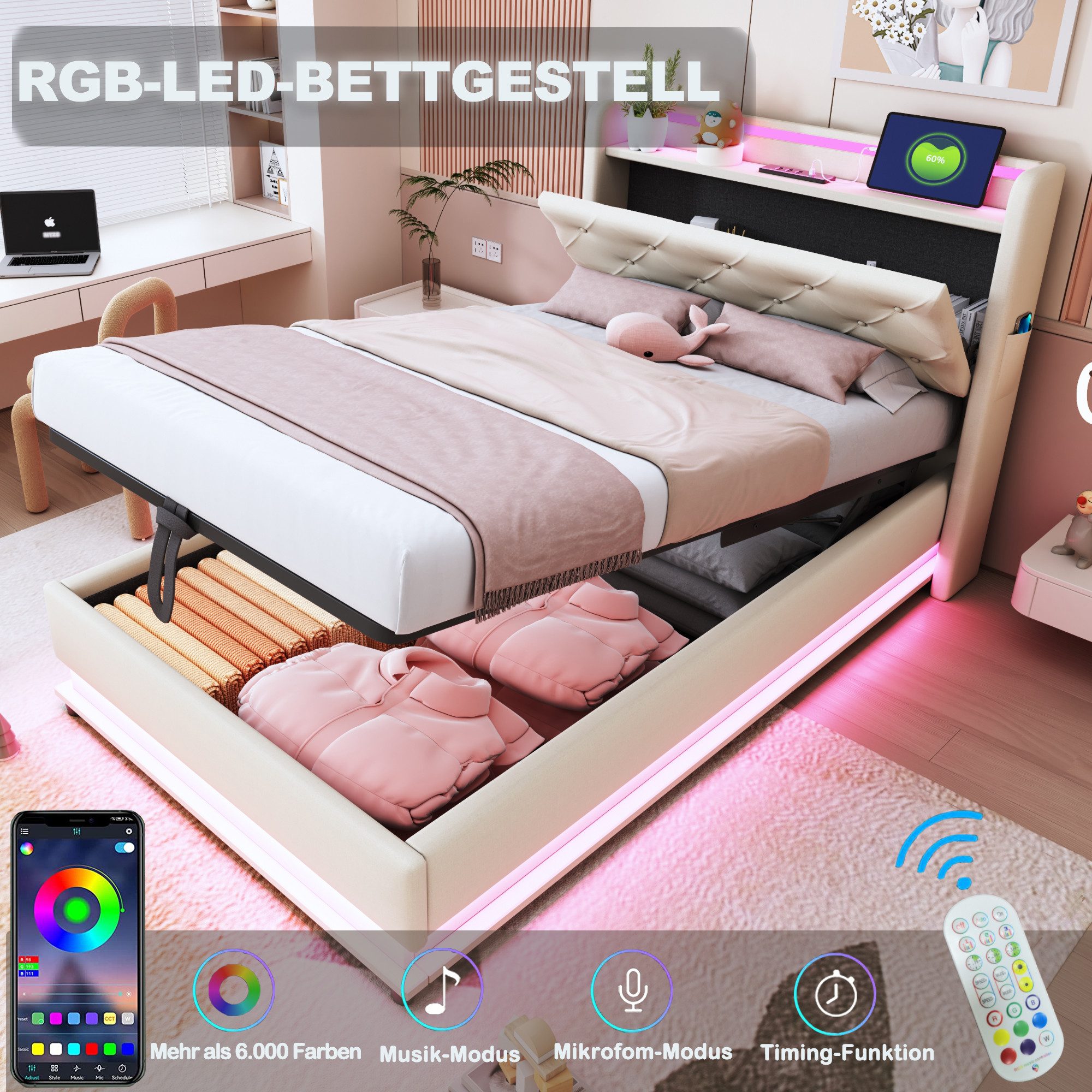 REDOM Polsterbett LED Doppelbett mit USB-Ladeanschluss günstig online kaufen