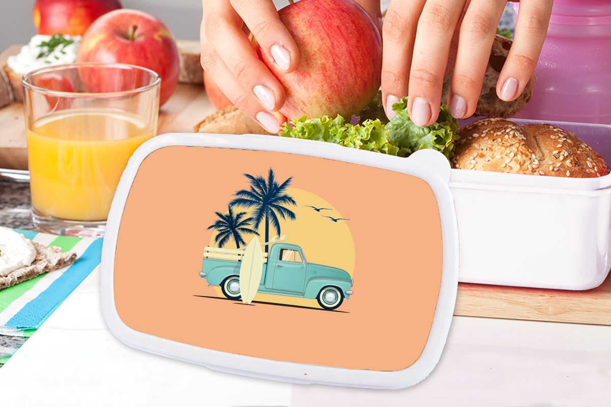 MuchoWow Lunchbox Bus - - Kunststoff, Jungs und weiß - für Vogel Brotdose, Surfbrett, Brotbox für Erwachsene, Kinder Palme Mädchen und (2-tlg)