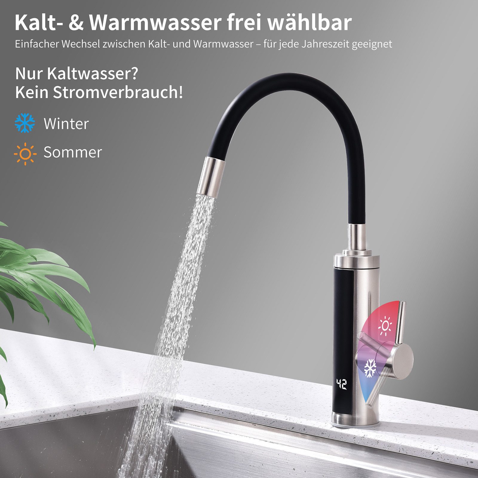 HOMELODY Küchenarmatur Elektrischer Wasserhahn Durchlauferhitzer 3000W mit Temperaturanzeige (Set) Sofort warmes Wasser · flexibel beweglicher Auslauf · Edelstahl