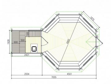 Finn Art Blockhaus Grillkota Elegance 16,5 mit Saunaanbau, BxT: 450x635 cm, Schindeln grün, 8-eckig, max. 18 Personen