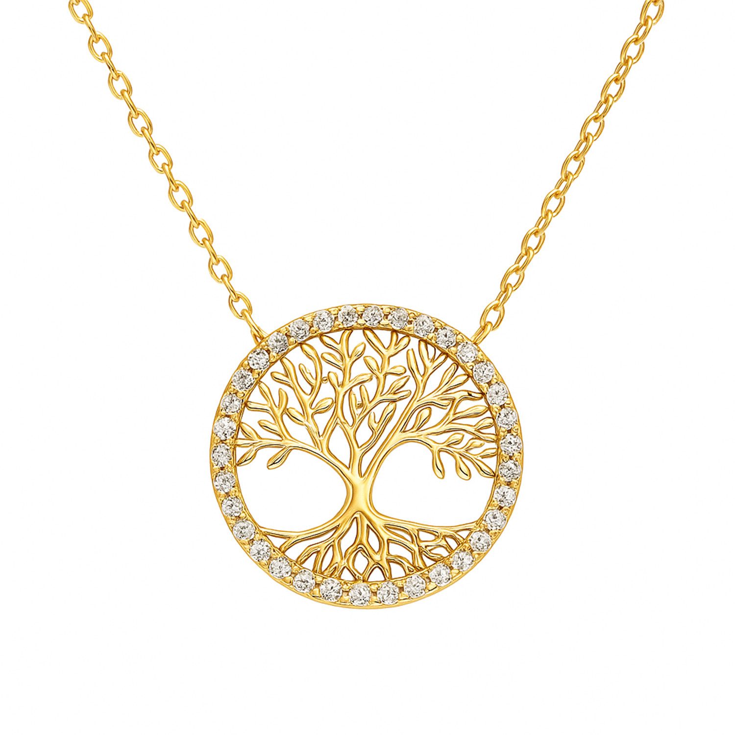 Kette mit Anhänger Lebensbaum-Kette 925 Silber vergoldet mit Zirkonia – 42+3 cm
