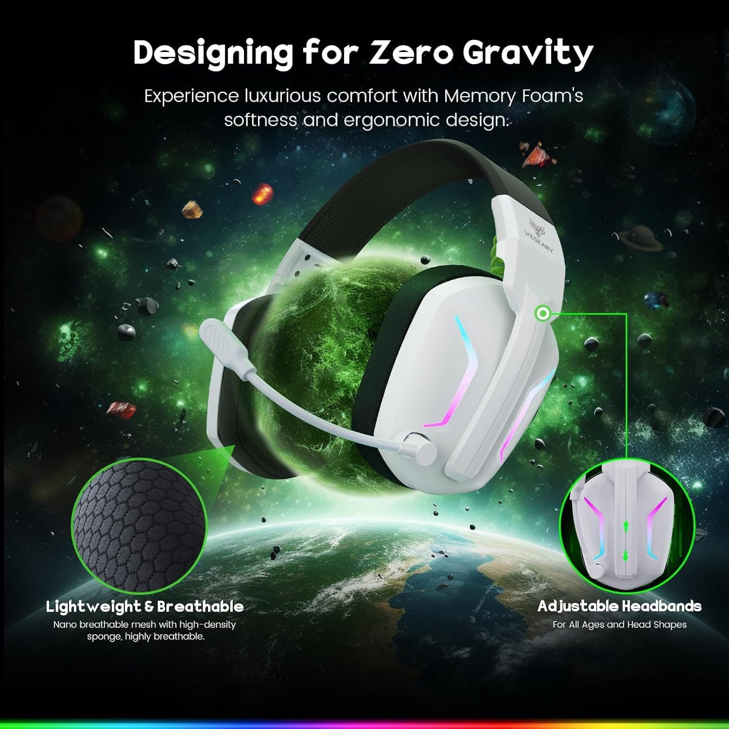 WESEARY 2,4G Wireless 50 Stunden Akkulaufzeit für PS5, PS4, PC, Switch, Mac Gaming-Headset (Kabellos, Bluetooth, 2,4 GHz USB-Dongle, Noise Cancelling, Surround Sound, LED-Beleuchtung, faltbar, mit Mikrofon - Surround Sound Noise Cancelling Kopfhörer LED Licht)