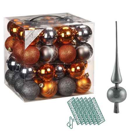 JACK Christbaumschmuck JACK 64x Kunststoff Christbaumkugeln Ø6cm + Spitze 28cm inkl Aufhänger, Kugeln: Orange-Anthrazit, Spitze: Anthrazit