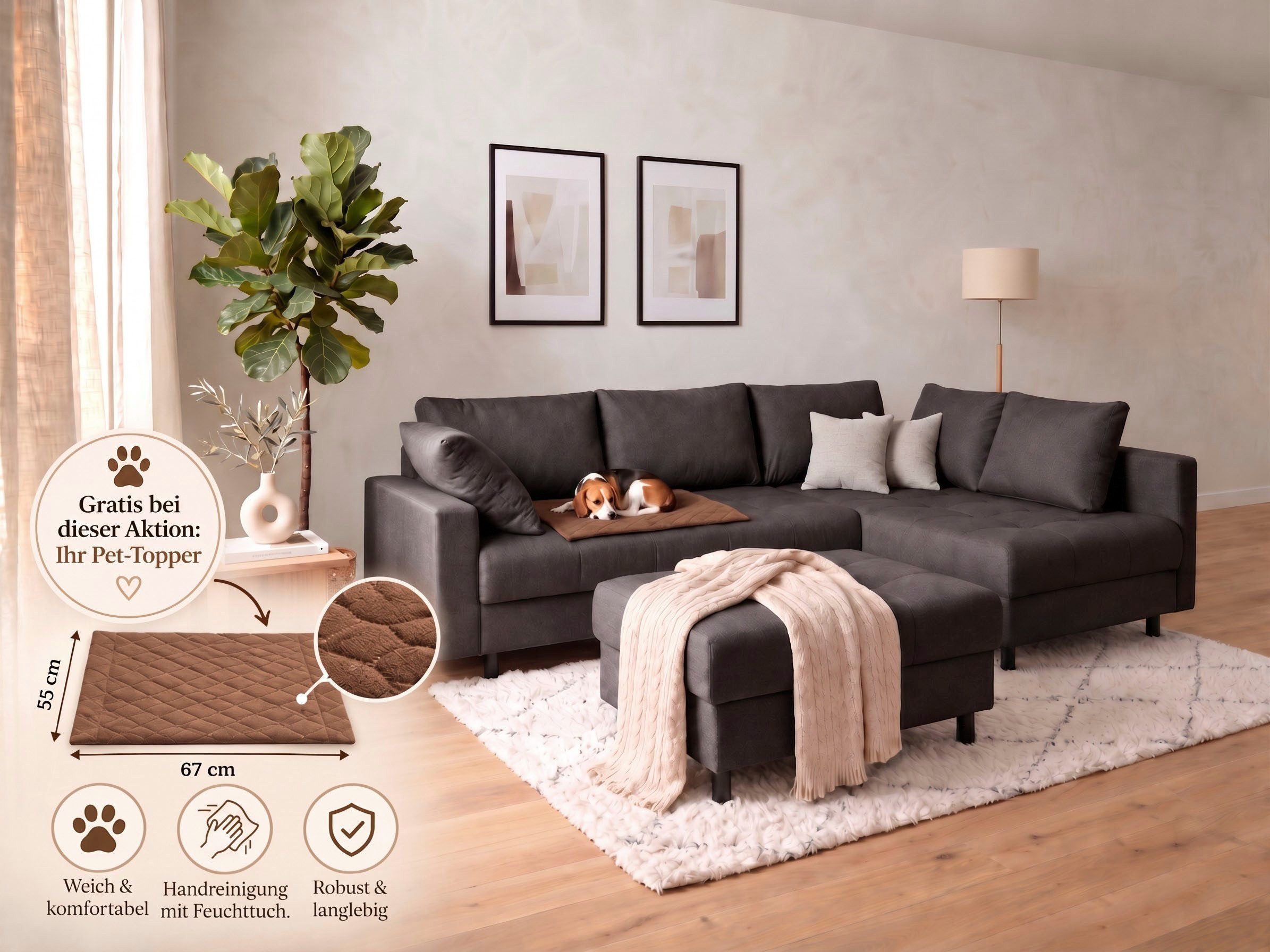 COLLECTION AB Ecksofa Toni XL L-Form B:274 cm Set inkl. Hocker, AKTION mit Pet Topper, Set: Sofa & Hocker, 2 Zierkissen, Bonell-Federkern – Bild 3 von 5