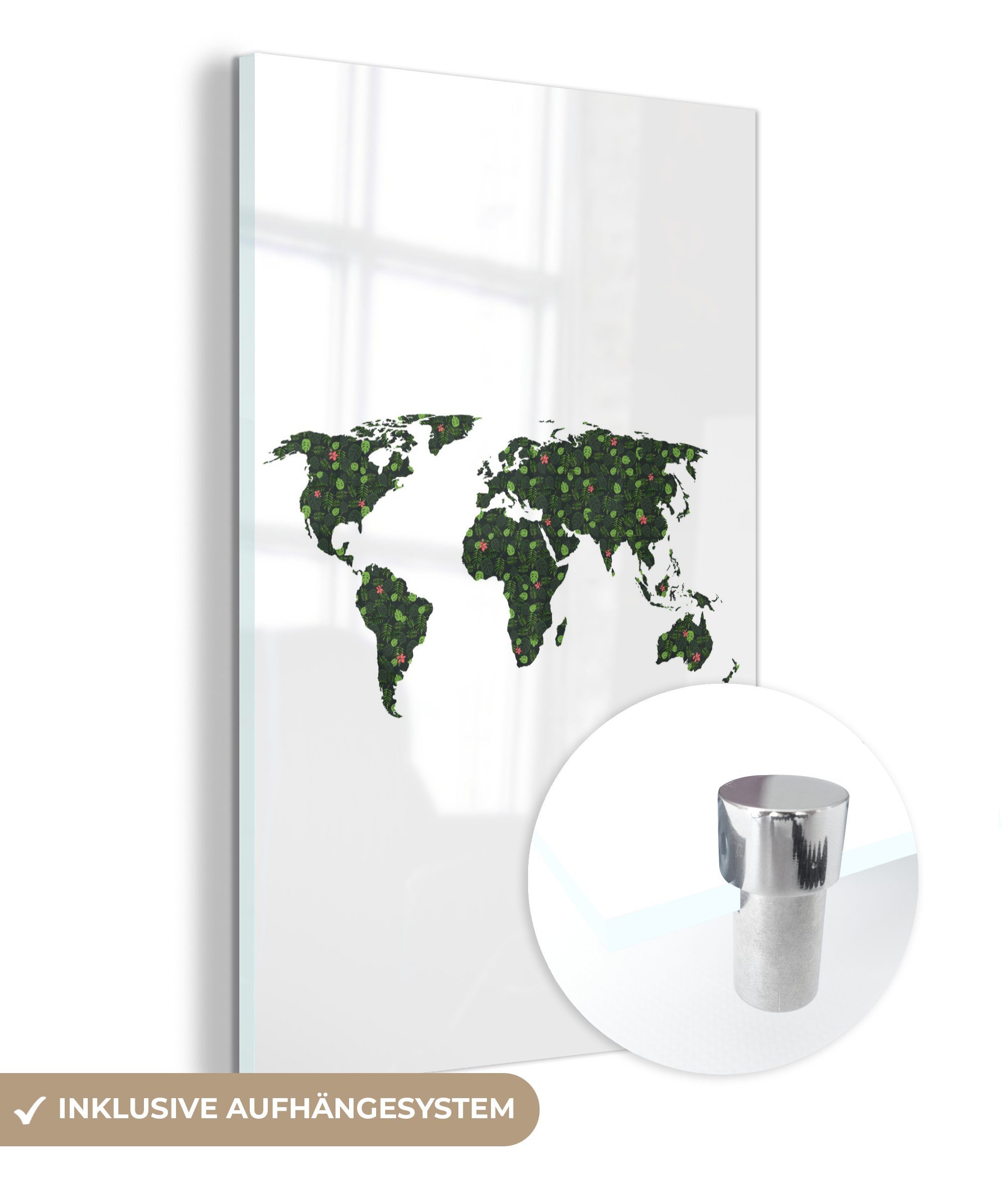 MuchoWow Acrylglasbild Weltkarte - Pflanzen - Tropisch, (1 St), Glasbilder - Bilder auf Glas Wandbild - Foto auf Glas - Wanddekoration