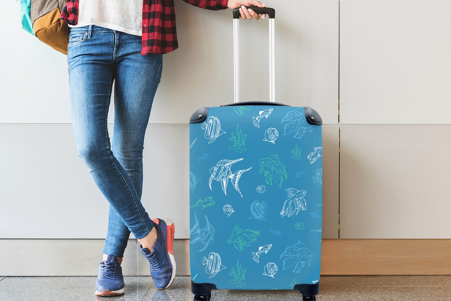 MuchoWow Handgepäckkoffer Rollen, Trolley, für rollen, Reisetasche Handgepäck Ferien, Reisekoffer - Pastell - Fisch mit 4 Meer