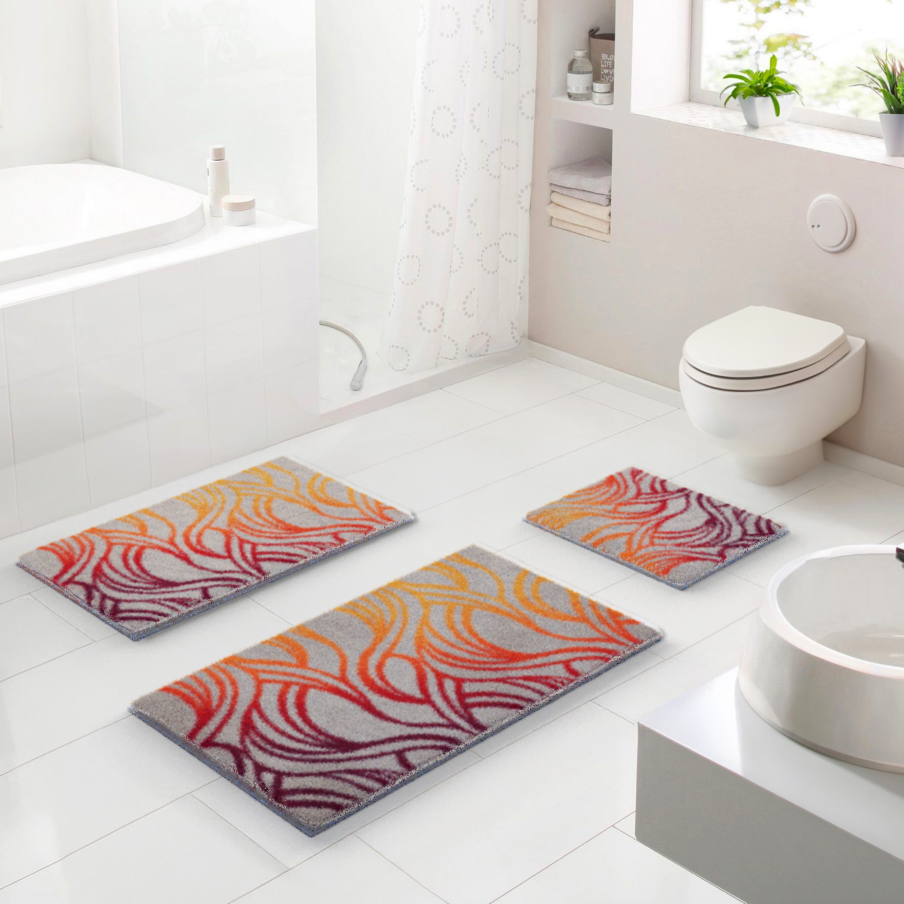 Grund Badematte Mayra, Höhe 20 mm, rutschhemmend beschichtet, fußbodenheizungsgeeignet, Polyacryl, rechteckig, Frisches Wellenmuster in lebendigen Farben, 5 Jahre Garantie