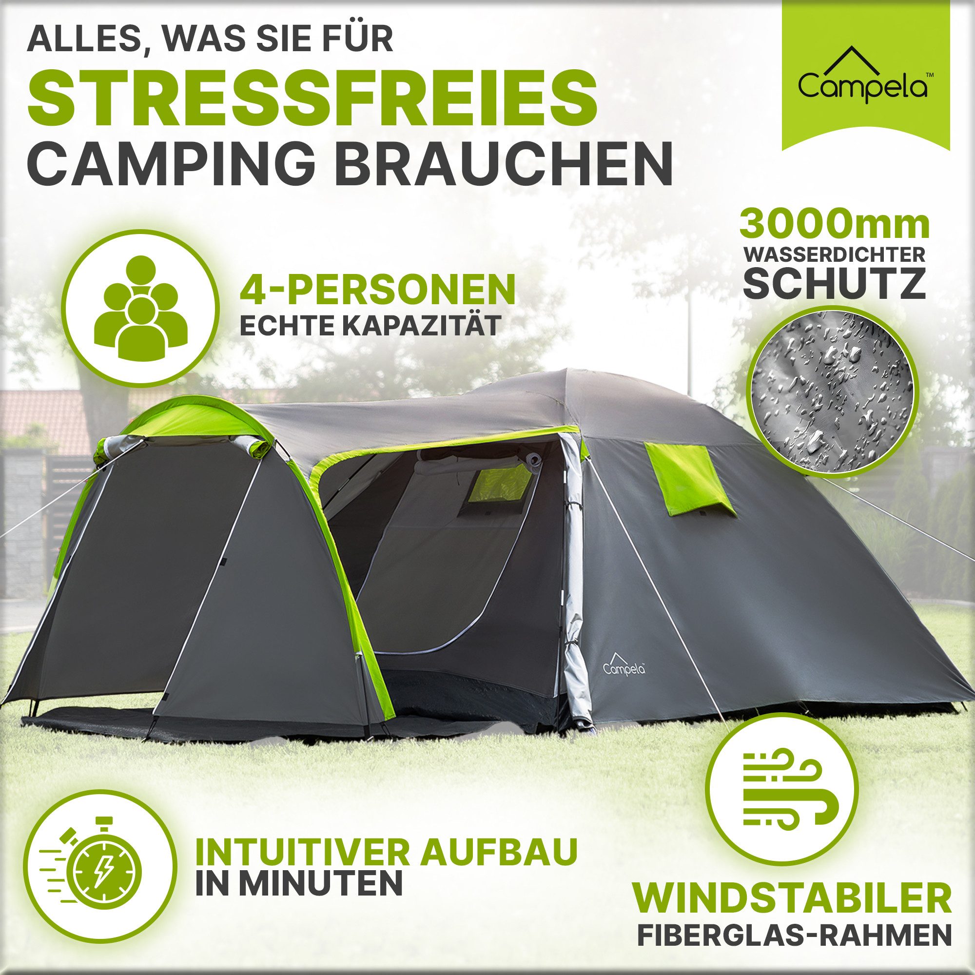 Campela Biwakzelt Tropical 4 Familienzelt – wasserdicht & leicht – ideal fürs Camping, Personen: 4