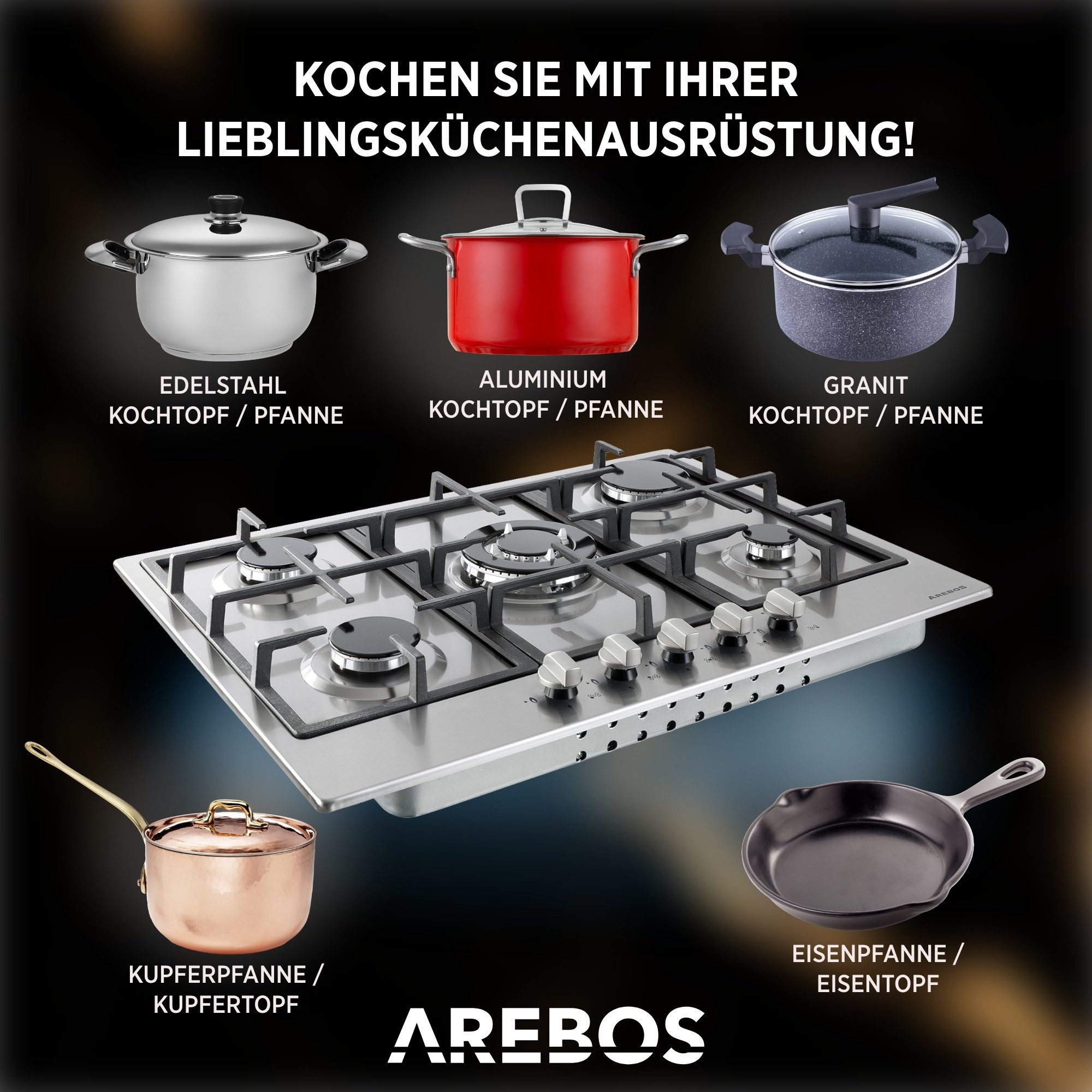 Arebos Gas-Kochfeld 5 Flammig, Edelstahl Gasherd mit automatischem Flammenschutz, Geeignet für Erdgas oder Propangas – Bild 5 von 5