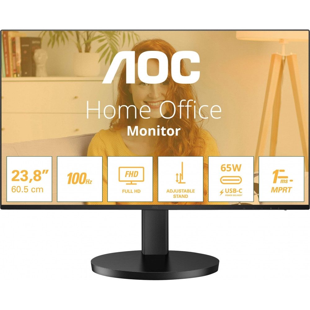 AOC AOC 24B3CF2 24 Zoll FullHD Monitor Schwarz LED-Monitor (1920 x 1080 Pixel px, FullHD, IPS, Ergonomischer höhenverstellbarer Standfuß)