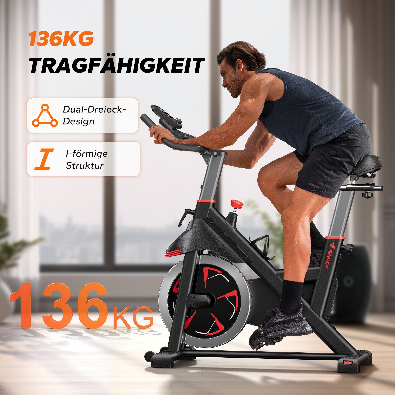 MERACH Heimtrainer Magnetisch Kinomap & App mit Echtzeit-Synchronisation (Schweres Schwungrad, 0-100% Magnetischer Widerstand, LCD-Monitor, Tablet-Halter, bis 136KG, Zwift und Kinomap kompatibel, verstellbar), leise, ergonomischer Sitz, Stationäres Fahrrad für Zuhause