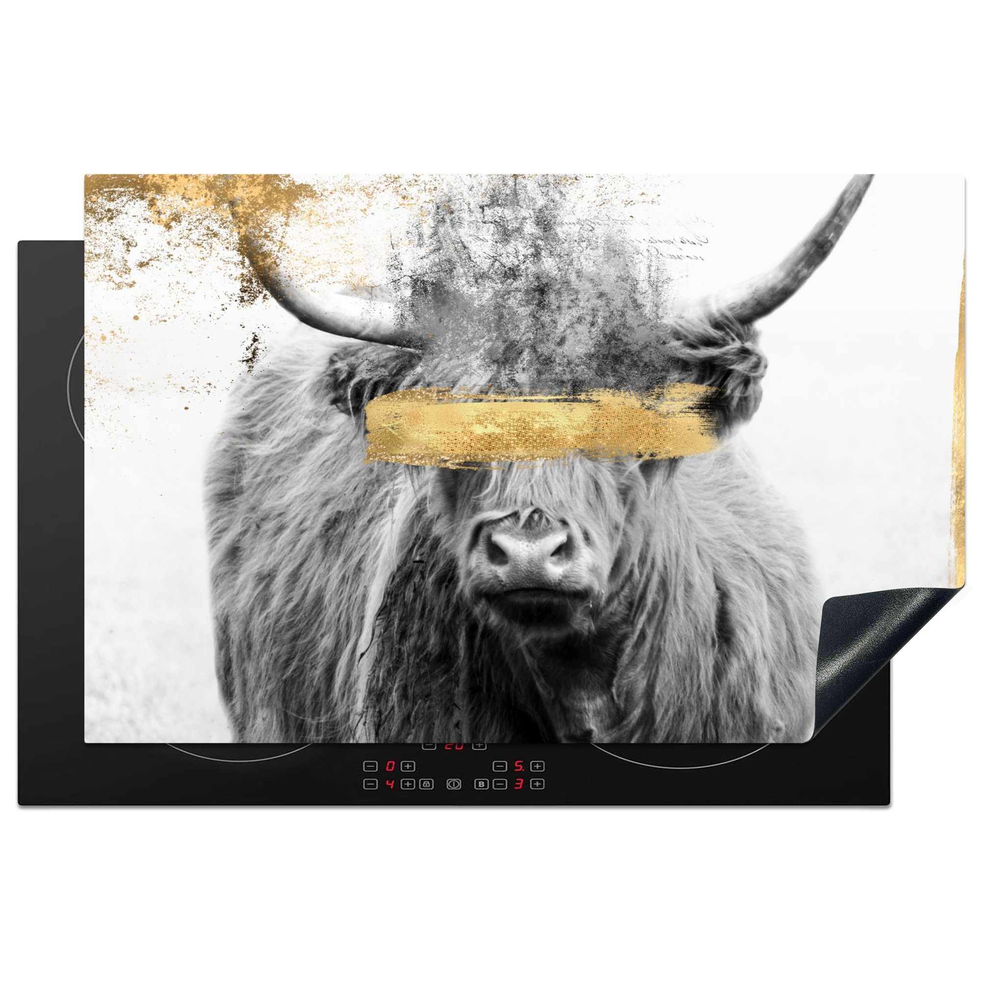 MuchoWow Herdblende-/Abdeckplatte Schottischer Highlander - Gold - Schwarz - Weiß, Vinyl, (1 tlg), 81x52 cm, Induktionskochfeld Schutz für die küche, Ceranfeldabdeckung