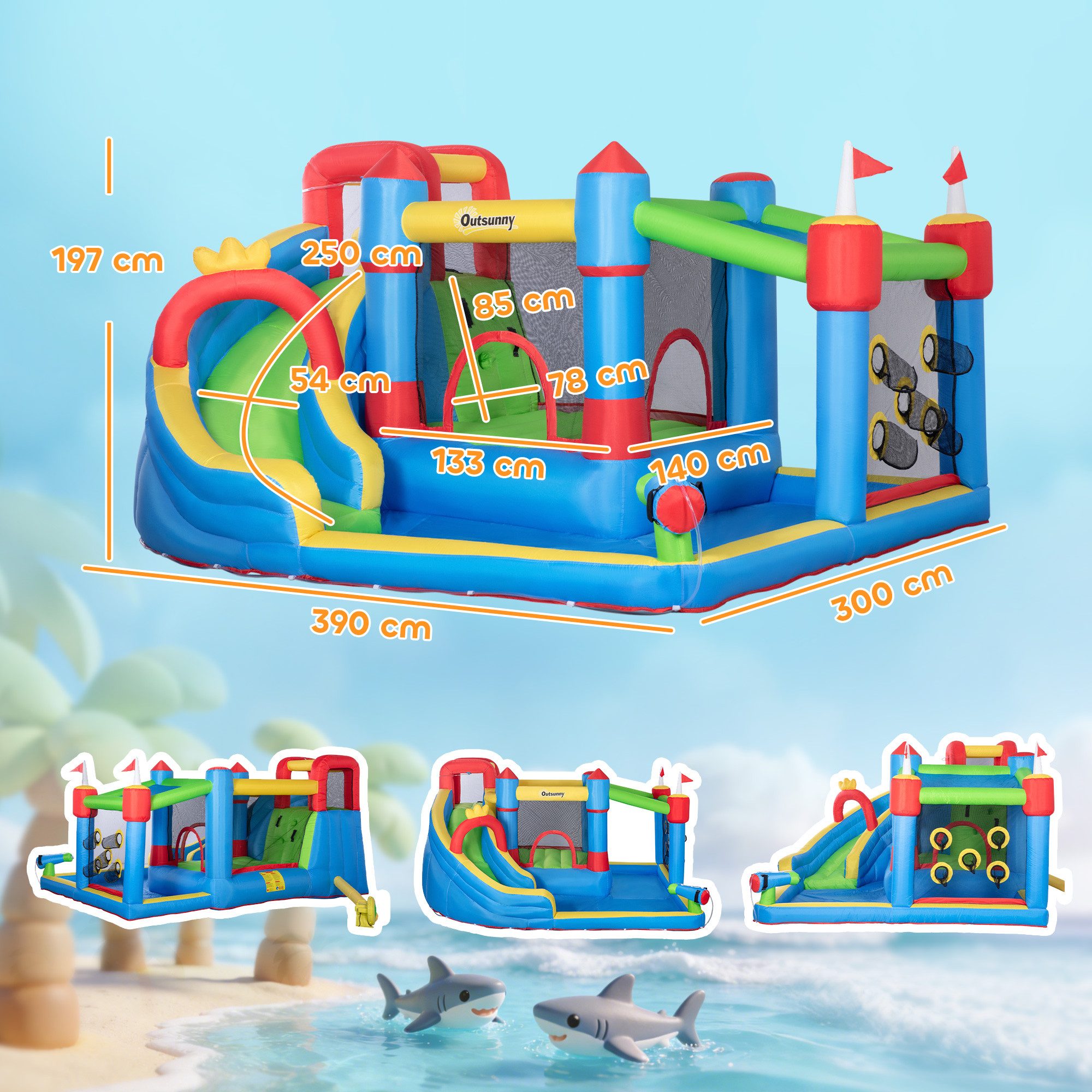 Outsunny Hüpfburg aufblasbare Burg mit Wasserrutsche Planschbecken Kletterwand, (Wasserpark, 1-tlg., Wasserspielcenter), Bunt, 390 x 300 x 197 cm