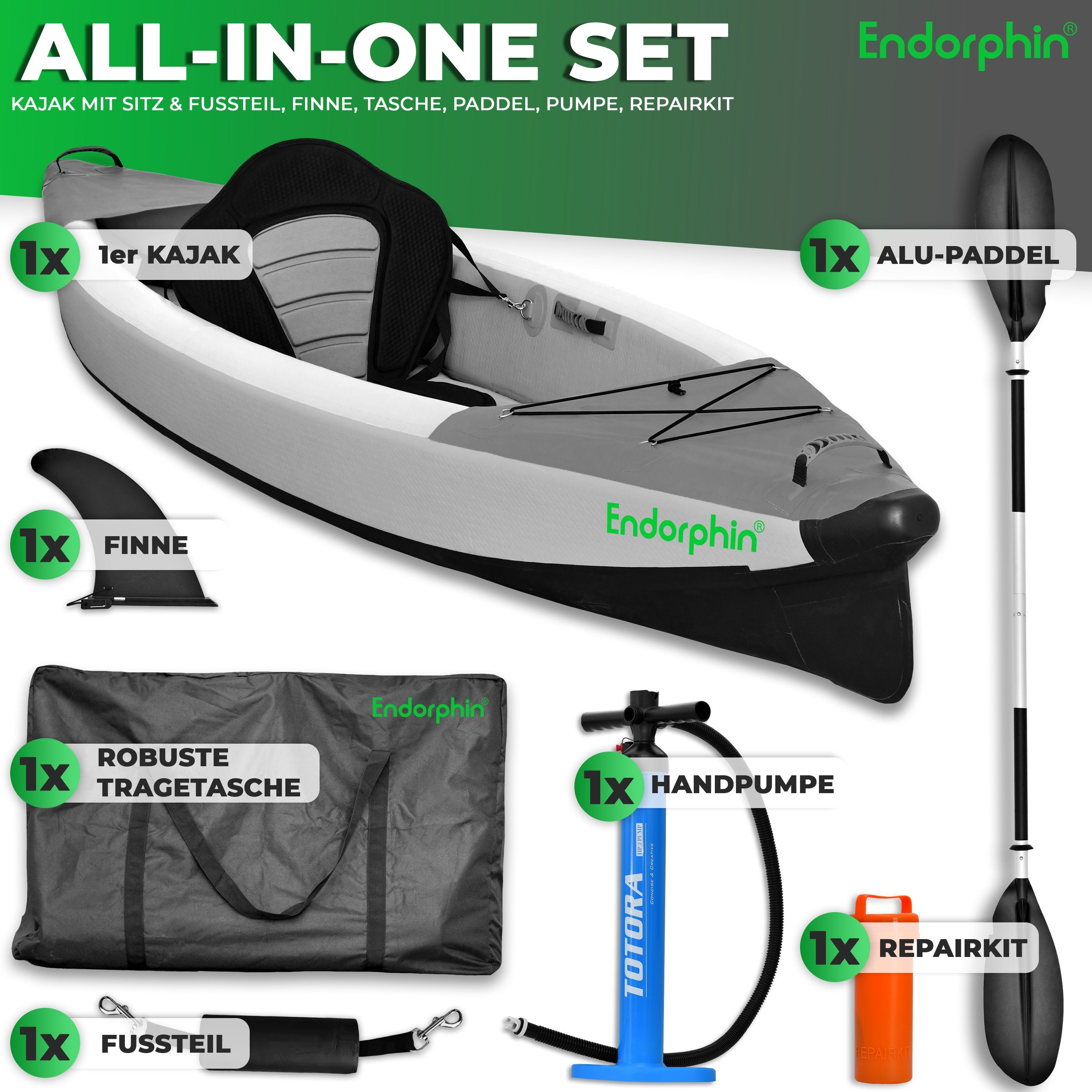 Endorphin Einerkajak Aufblasbares Drop Stitch Kajak für 1 Person als Komplettset, (Komplettset)
