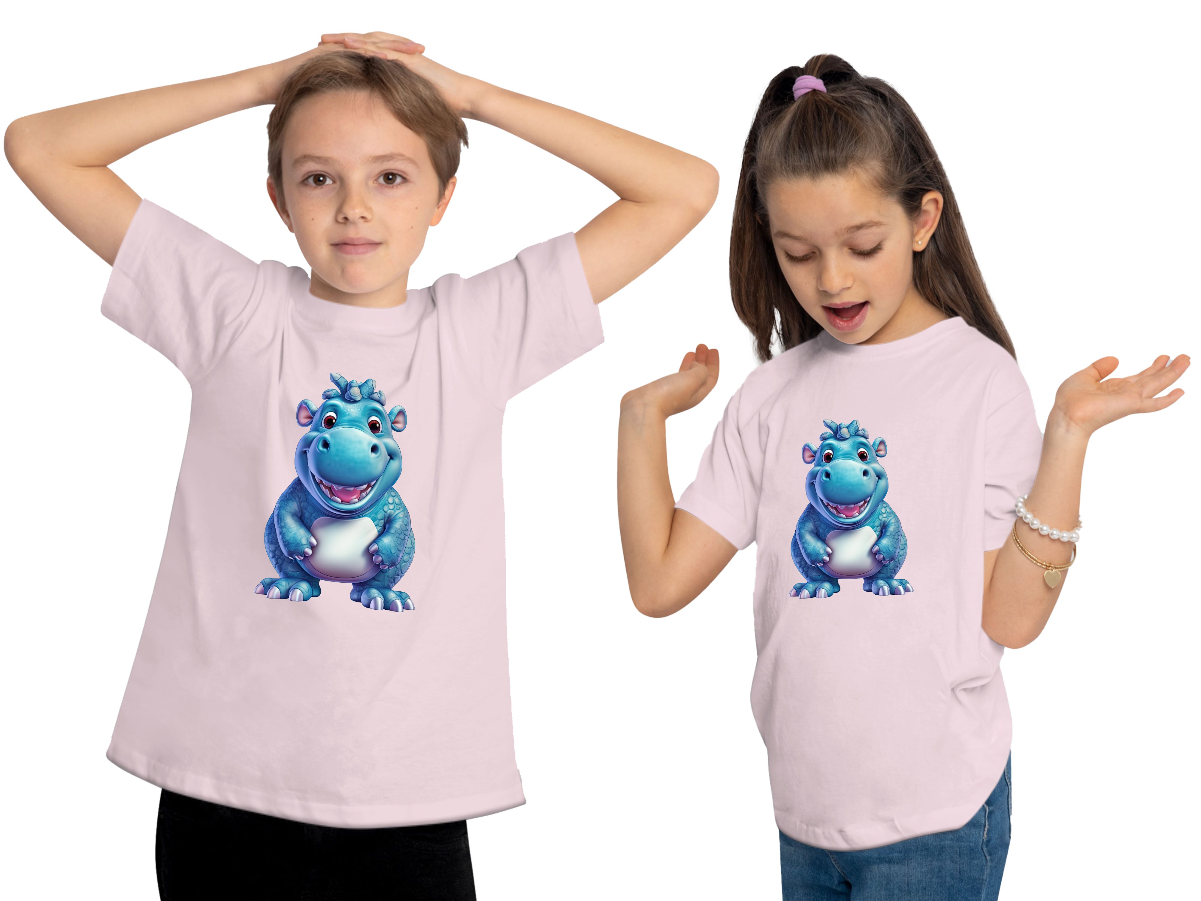 MyDesign24 T-Shirt Kinder Wildtier Print Hippo Aufdruck, mit Baby Nilpferd Baumwollshirt Shirt bedruckt - i274 rosa