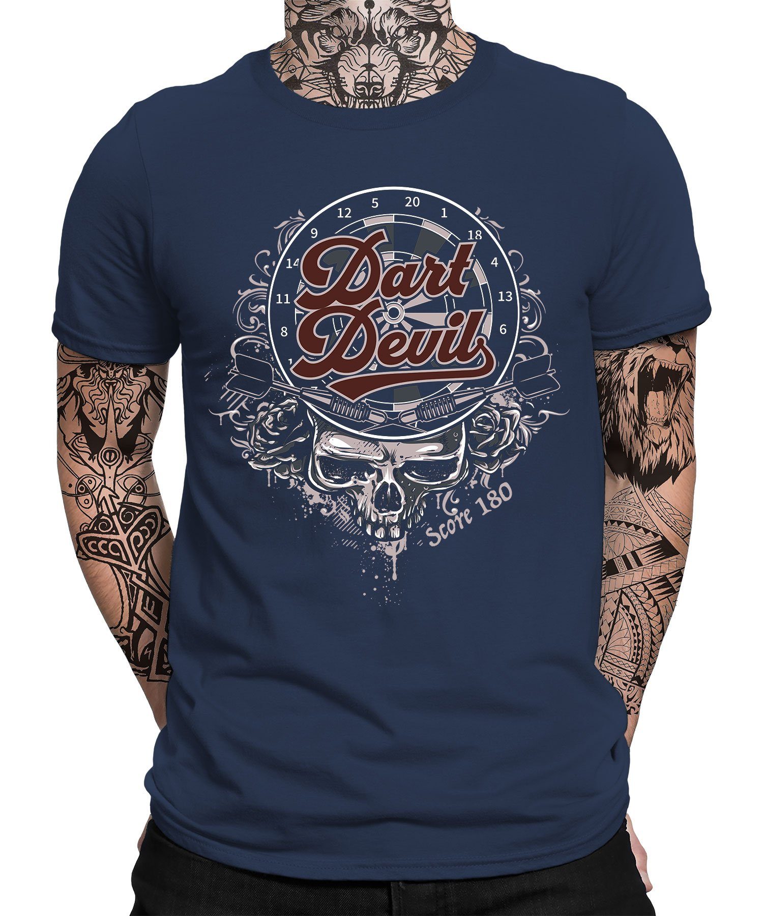 Herren Blau 180 Dartpfeil Dartscheibe (1-tlg) Kurzarmshirt Dartspieler Dart Quattro Navy Formatee - Devil T-Shirt