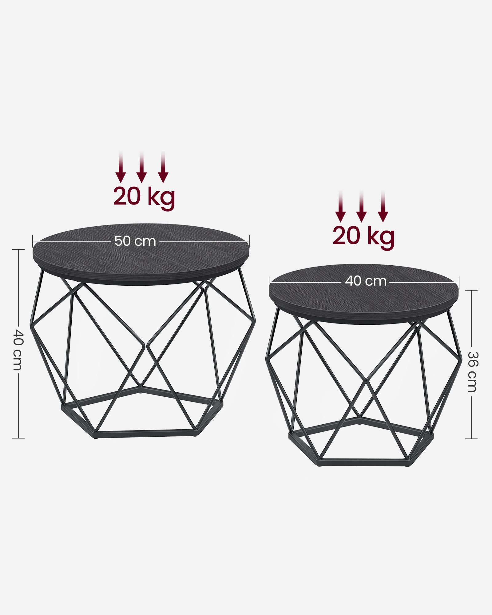 VASAGLE Couchtisch rund, Wohnzimmertisch, modern, Satztisch, Metall (2er Set, inkl. Zubehörpaket & Anleitung, Holz), Beistelltisch, abnehmbare Tischplatte, Ø50x40cm+Ø40x36cm