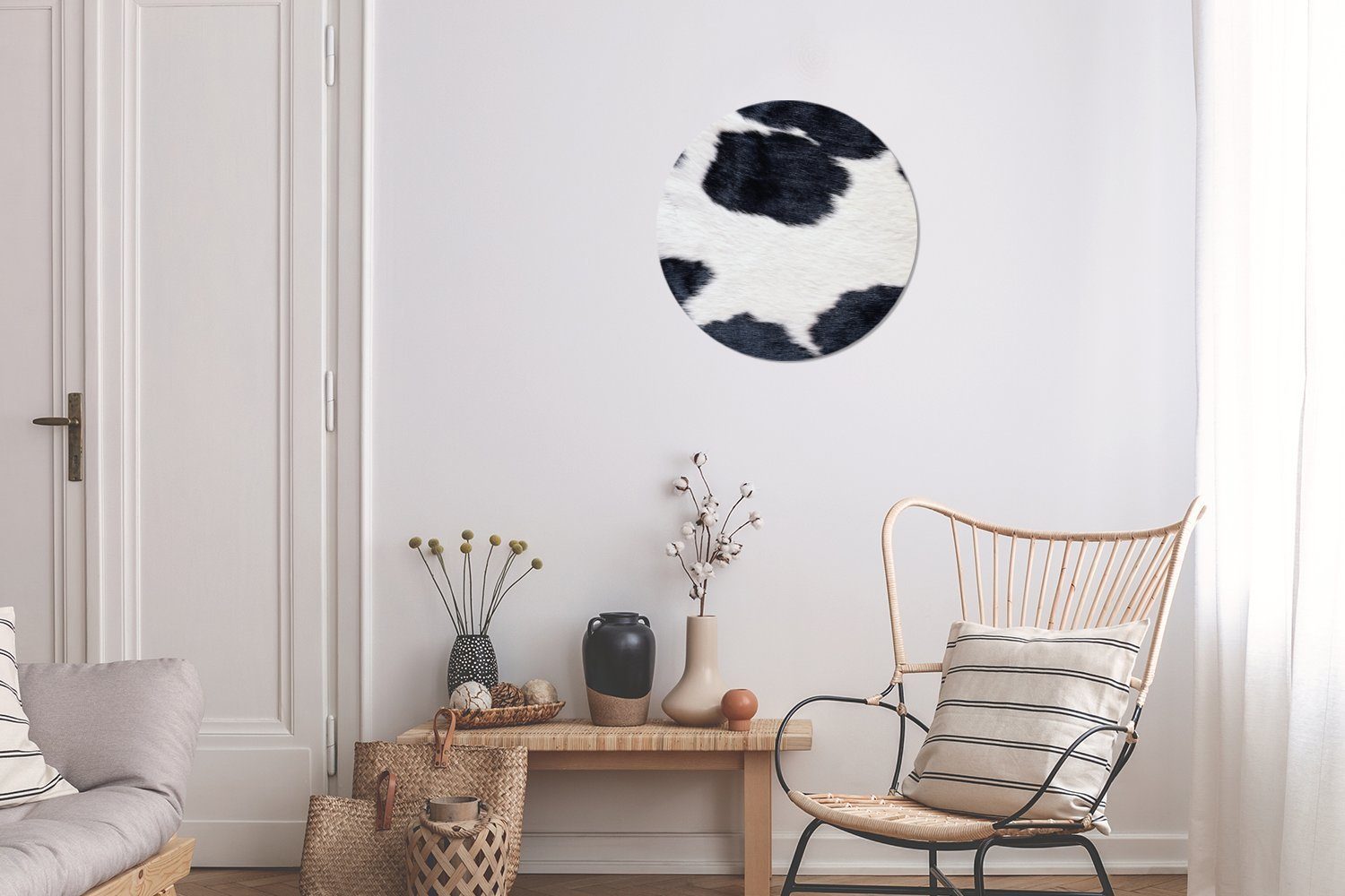 Kuhhaut, Gemälde Rundes (1 Kreis weißen 30x30 schwarzen Wandbild, Bild Forex, cm und einer Wohnzimmer, MuchoWow St), Wanddekoration