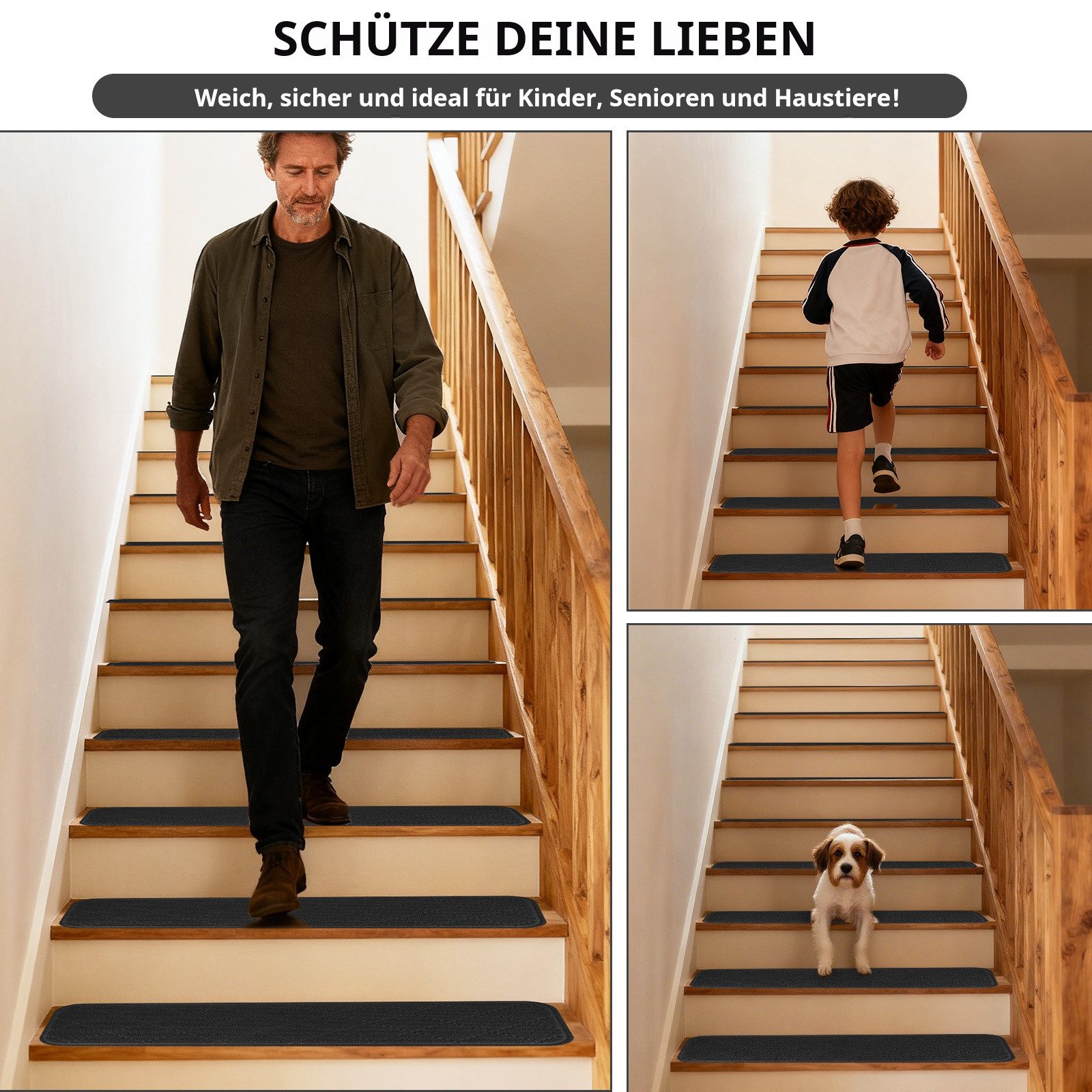 BlingBin Stufenmatte Treppenstufen Matten Stufenmatten Selbstklebend Innen 15 Stück, Rechteck, Höhe: 5 mm, Antirutsch Zuschneidbar Wiederverwendbar für Senioren Haustiere Kinder