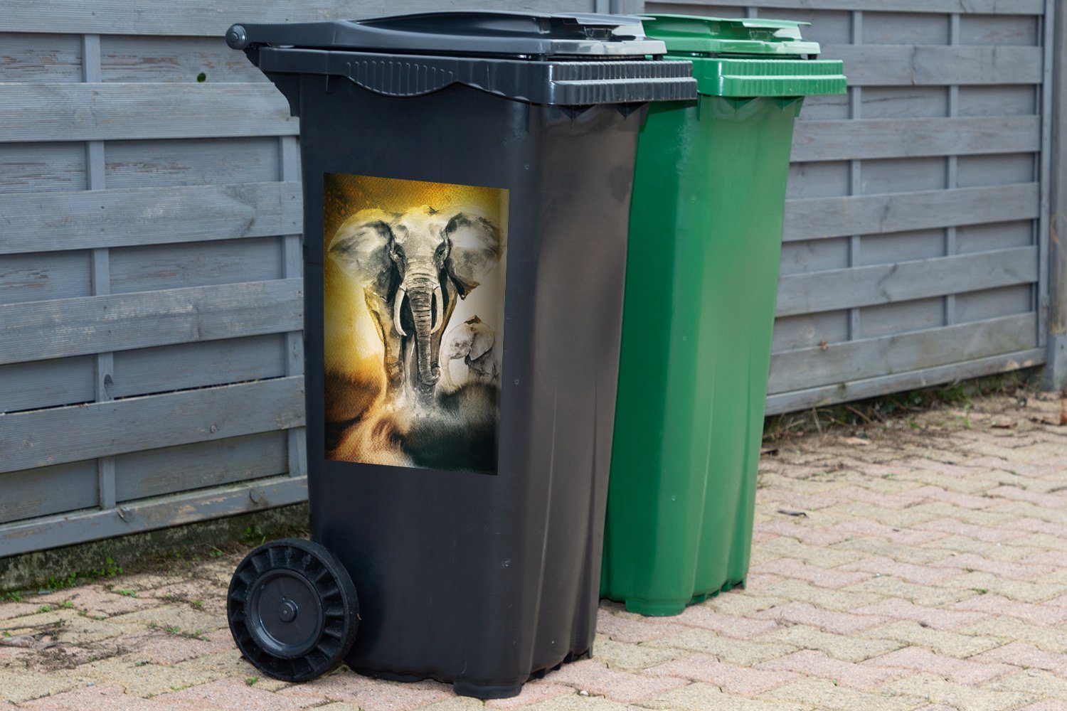 St), Elefant - MuchoWow Mülltonne, Aquarellfarbe Container, Wandsticker (1 Abfalbehälter Sticker, Mülleimer-aufkleber, - Gelb
