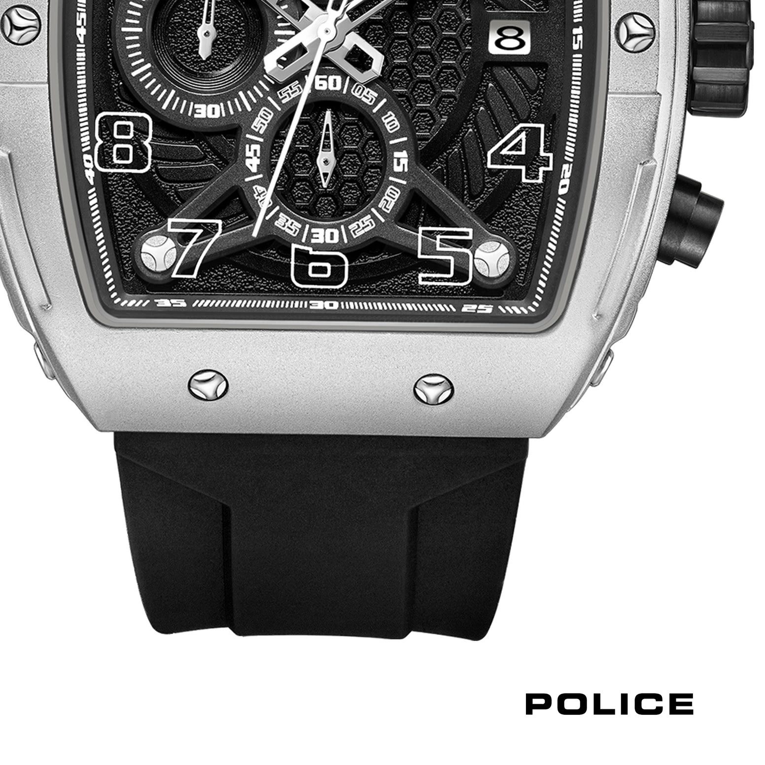 Police Multifunktionsuhr Police Herrenuhr Silikon schwarz, (Multifunktionsuhr), Herrenuhr rechteckig, tonneau, extra groß (ca. 42x50mm) Silikonarmband