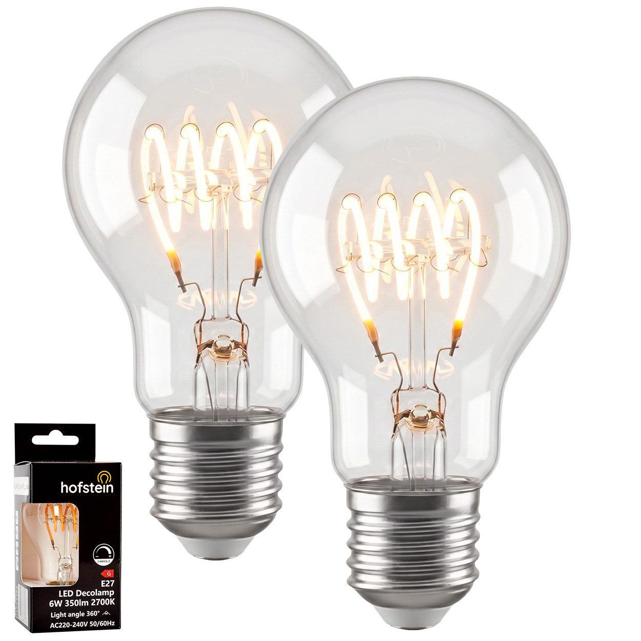 hofstein LED-Leuchtmittel 2er Set Glühbirne Warmweiß dimmbar 6 Watt, E27, 2700 Kelvin, 350 Lumen, Klassisch, Filament Spirale, Klar