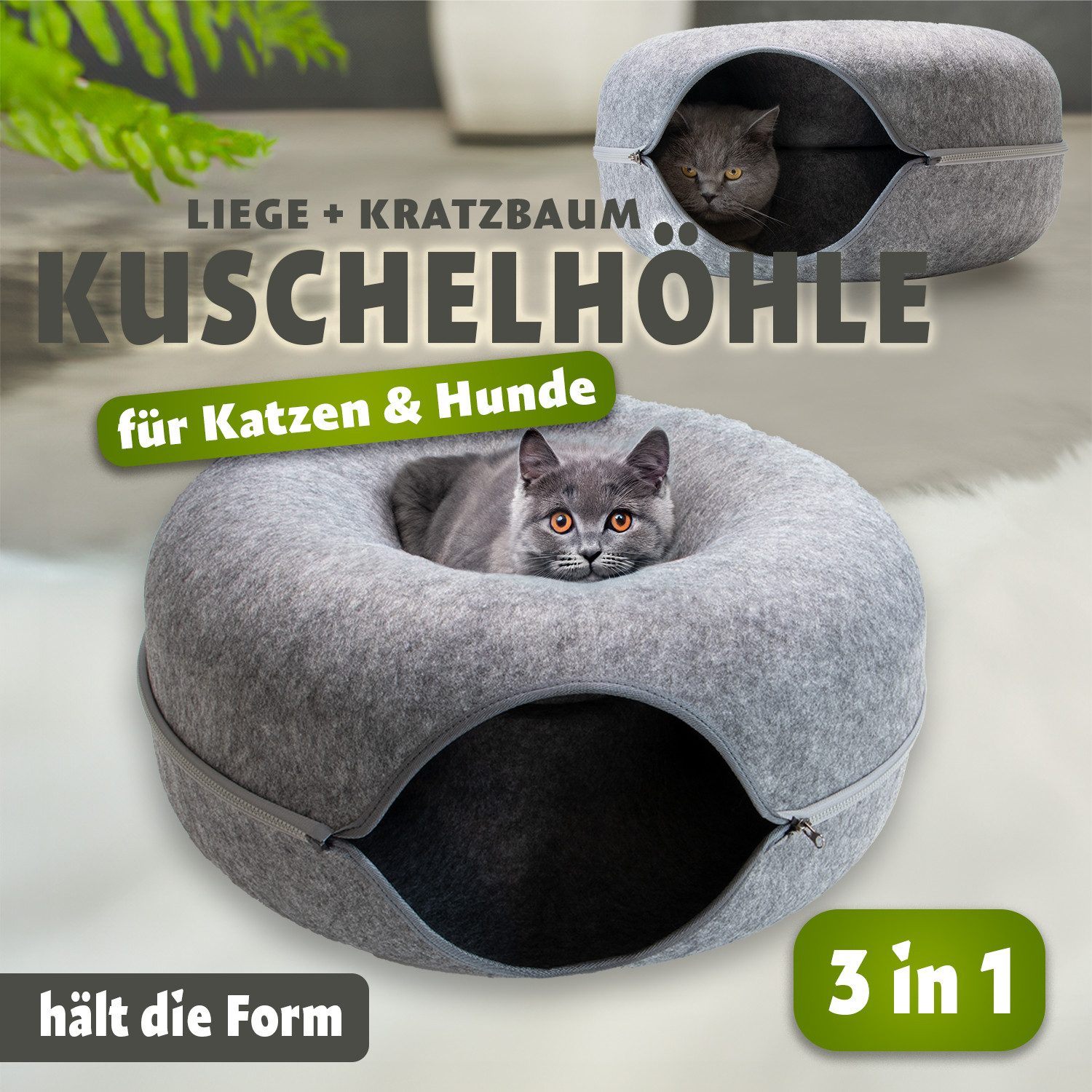 KVOTA Katzenzelt Katzentunnel KatzenDonut Größe 60x60x28 cm, aus Filz, rund, Grau, hochwertig