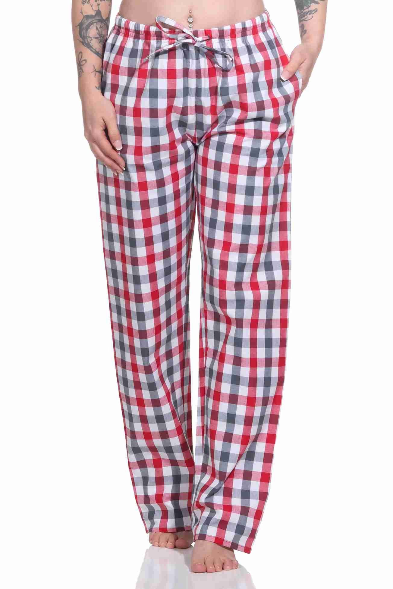 Normann Pyjama Damen Schlafanzug Hose lang gewebt aus Baumwolle – ideal zum relaxen rot1