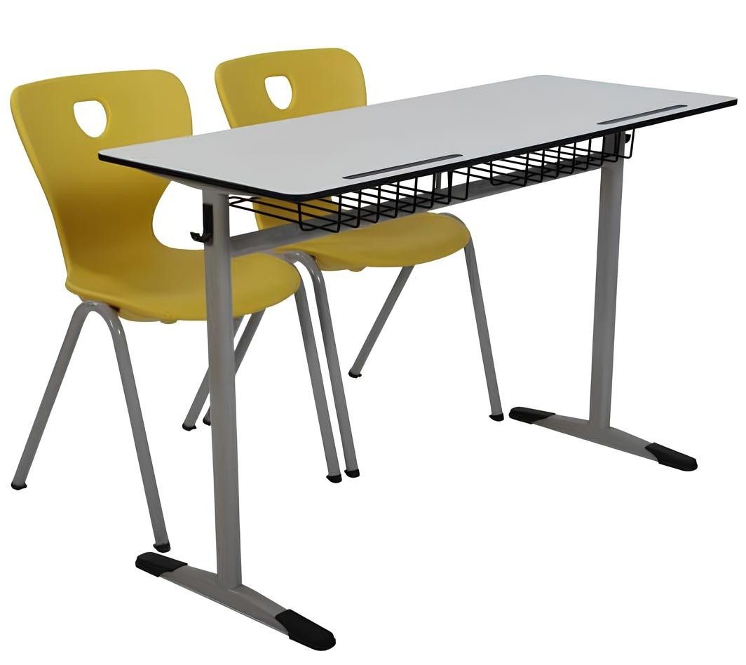 Xlmoebel Schreibtisch Ergonomisches Schulset in Grau mit gelbem Doppelsitzstuhl (Schulset, 3-St., Ergonomisches Schulset Grau/Gelb), Made in Europa