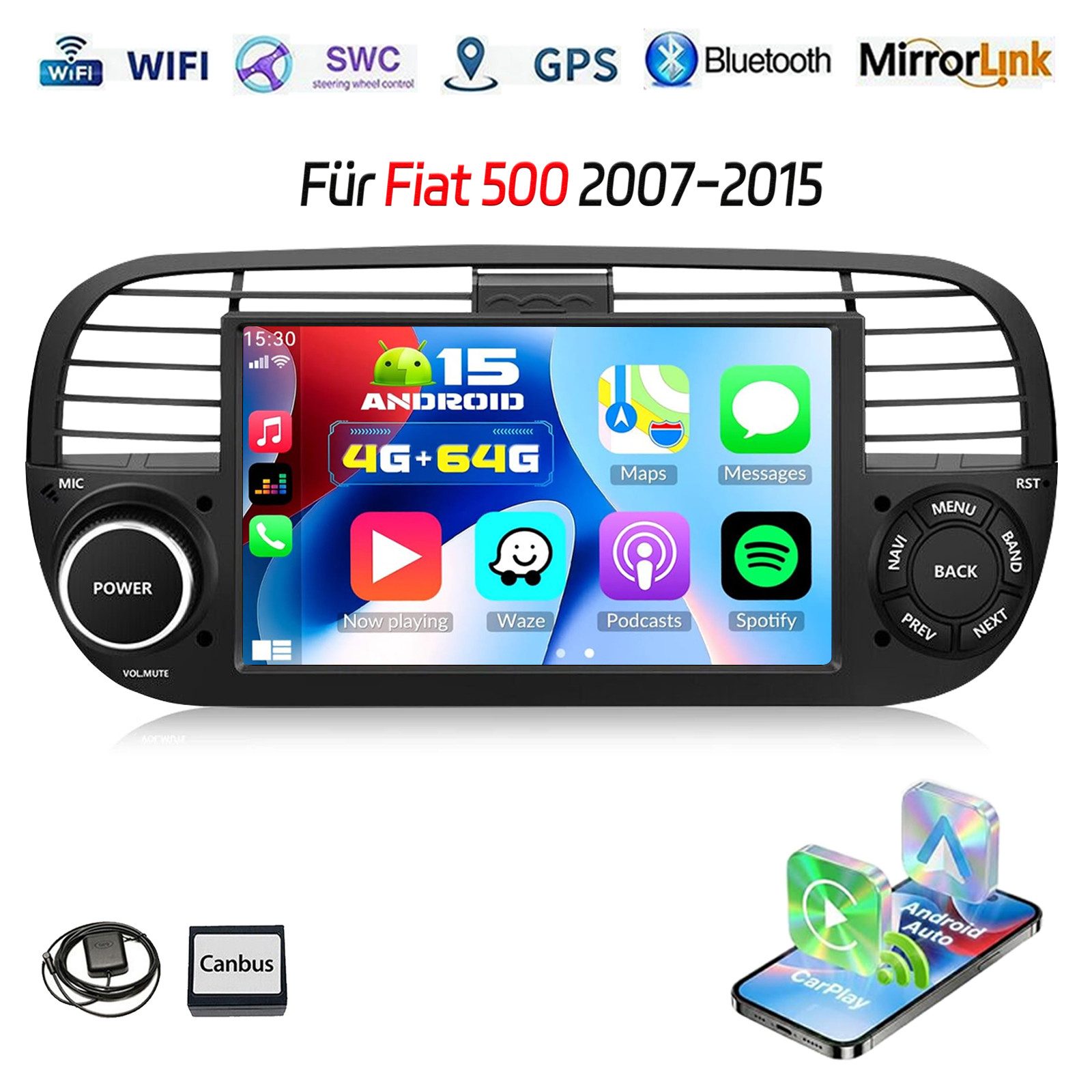 ESSGOO 7" DAB+ 64G Für 2007-2015 Fiat 500 Android 15 Carplay GPS RDS NAVI BT Navigationsgerät (Touchscreen GPS Navi Apple Carplay & Android …