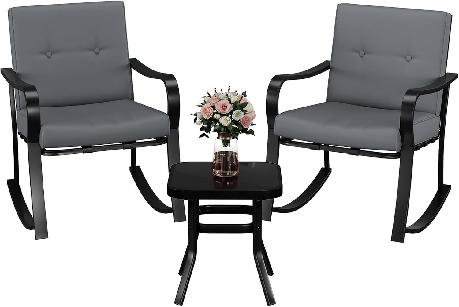 GarveeMore Gartenlounge-Set 2 Schaukelstühle mit warmgrauen Kissen & Glastisch, 3-teiliges Bistro-Set für den Außenbereich,Gartenmöbel-Set für Garten