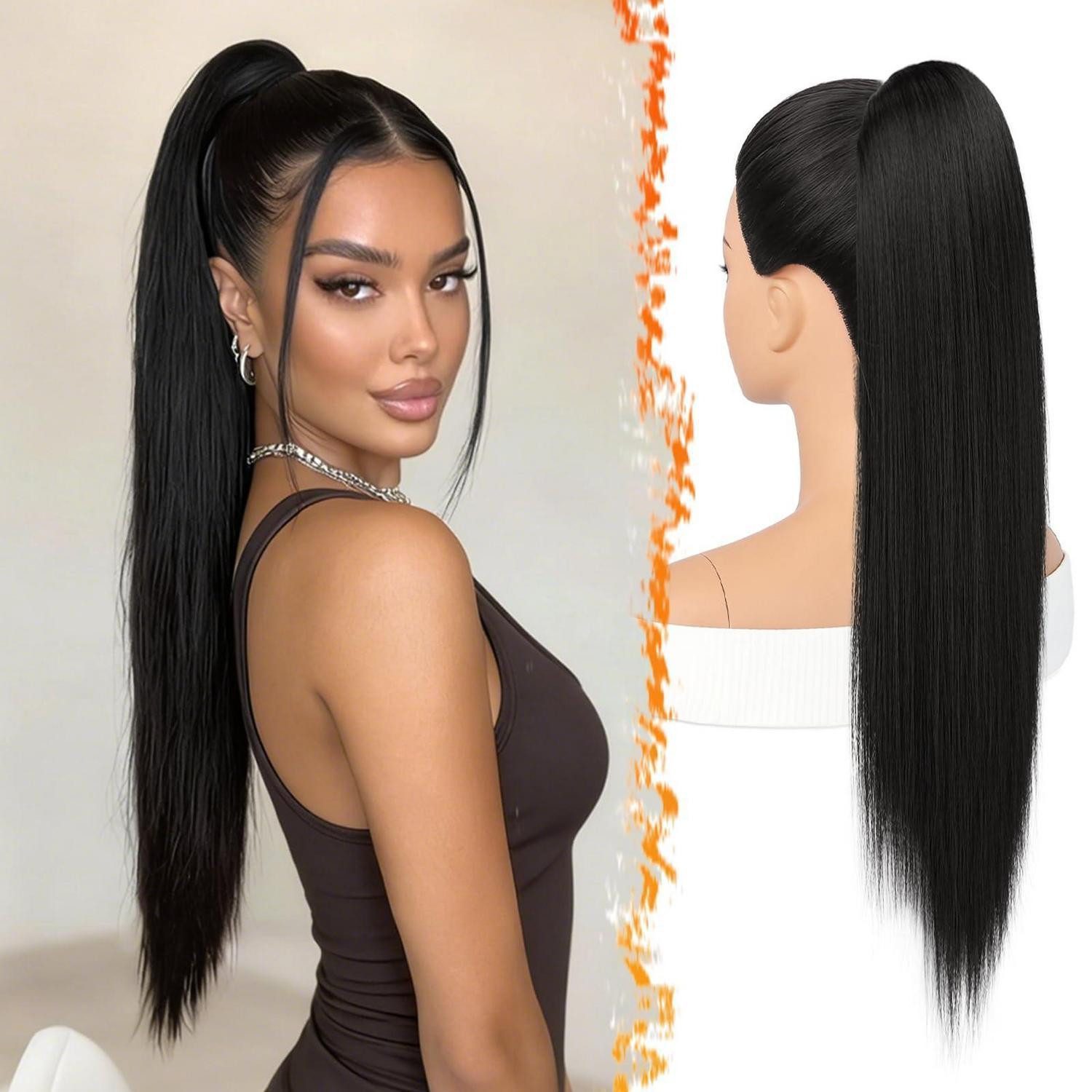 LuxusKollektion Kunsthaar-Extension Pferdeschwanz Ponytail Haarteil Kordelzug Clip Comb Schwarz 70cm