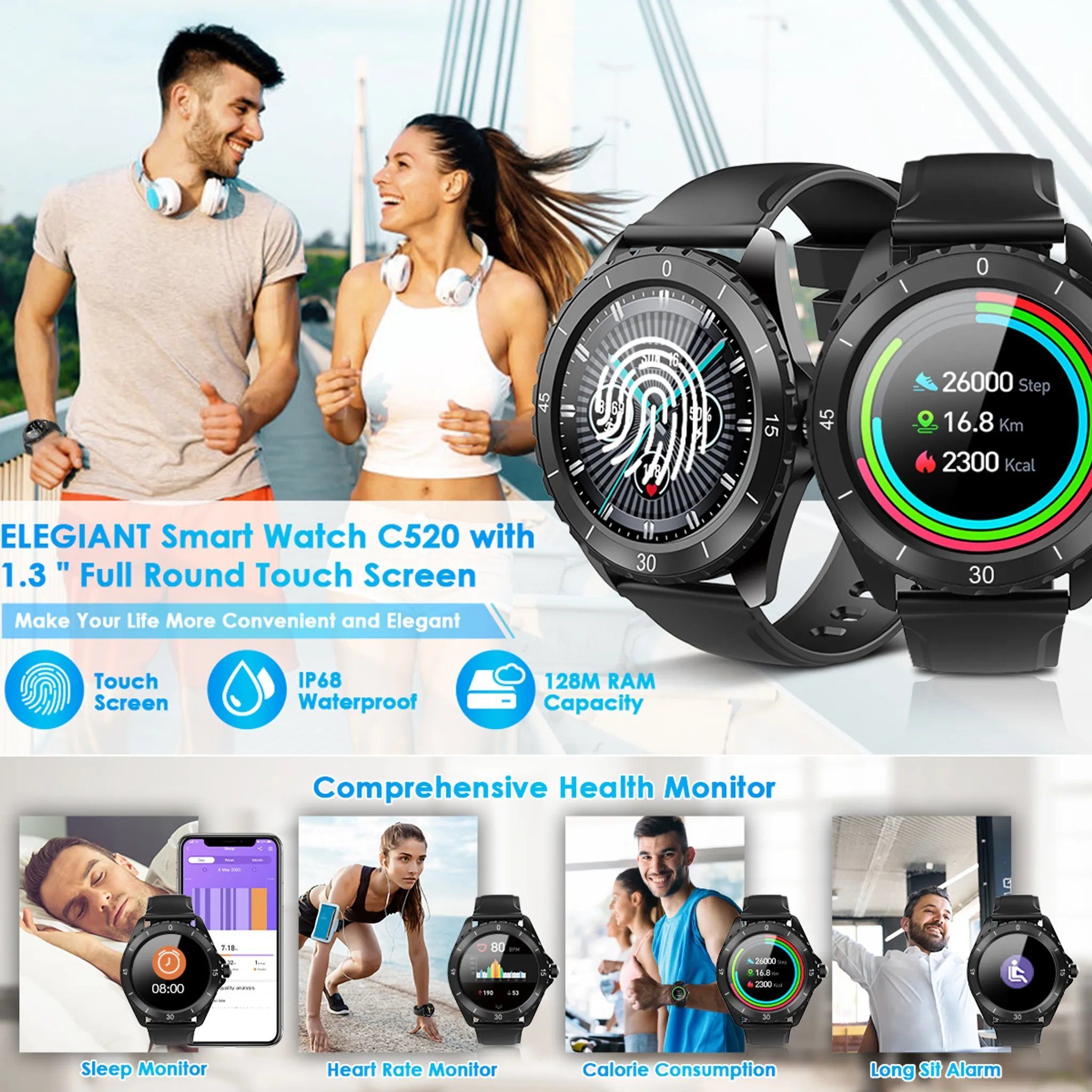 ELEGIANT C520 Smartwatch (1,3 Zoll), Design, Hoher Komfort, Ausstrahlender  Luxus