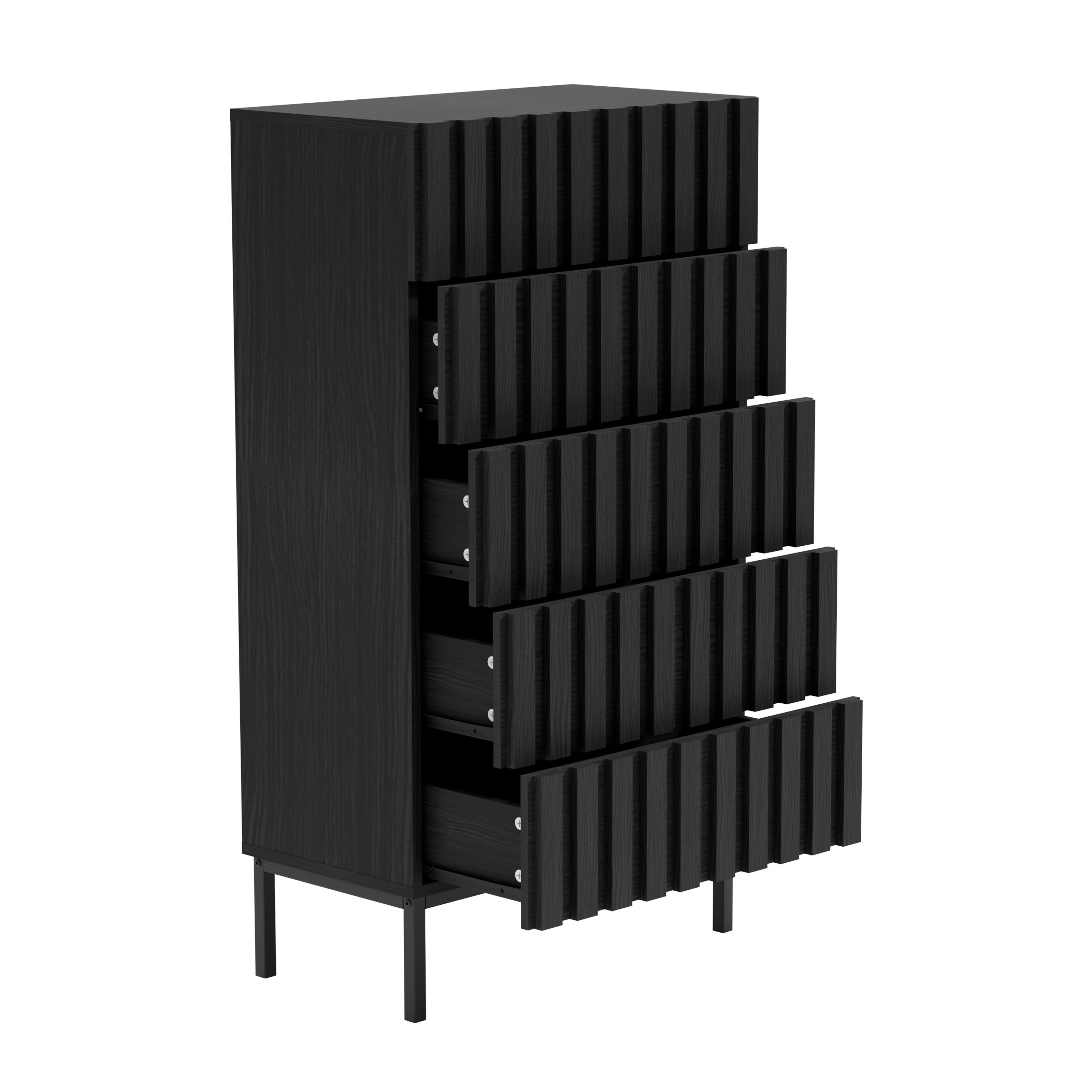UEV Hochkommode mit 5 Schubladen, Sideboard mit Lamellen (Küchenschrank Buffet TV Board Schrank mit Füße Aufbewahrungsschrank, Anrichte Schrank mit Metallfüßen, Highboard, Sideboard, Schmal kommode), 60 x 34 x 110cm für Wohnzimmer Schlafzimmer Flur