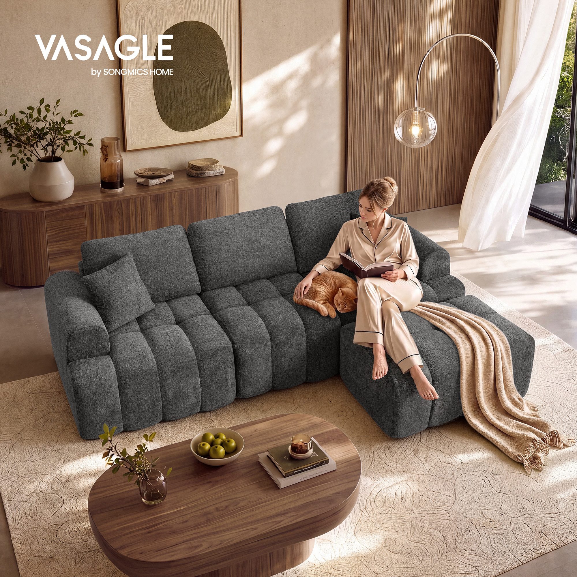 VASAGLE Ecksofa Rahmenlose Couch in L-Form, B: 241 cm, mit Taschenfederkern, Modulares Sofa und Hocker Set, Chenille, 4-Sitzer Couch für Wohnzimmer