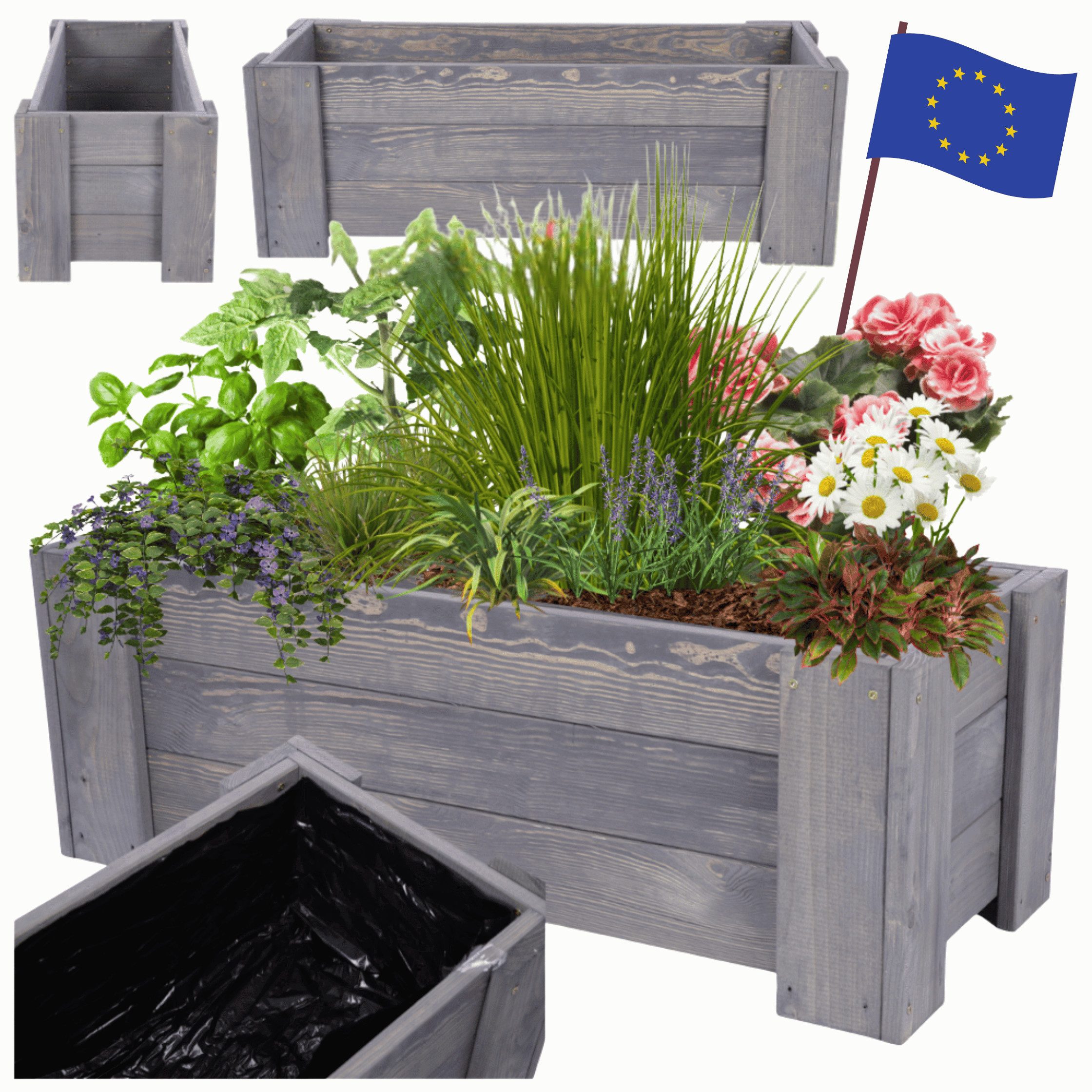 Modo24 Blumenkasten Pflanzkübel Holz, Hochbeet mit Schutzfolie, Kiefernholz Pflanzkasten, Blumenkasten für Outdoor Garten Terrasse Balkon, Wetterfest RDZP