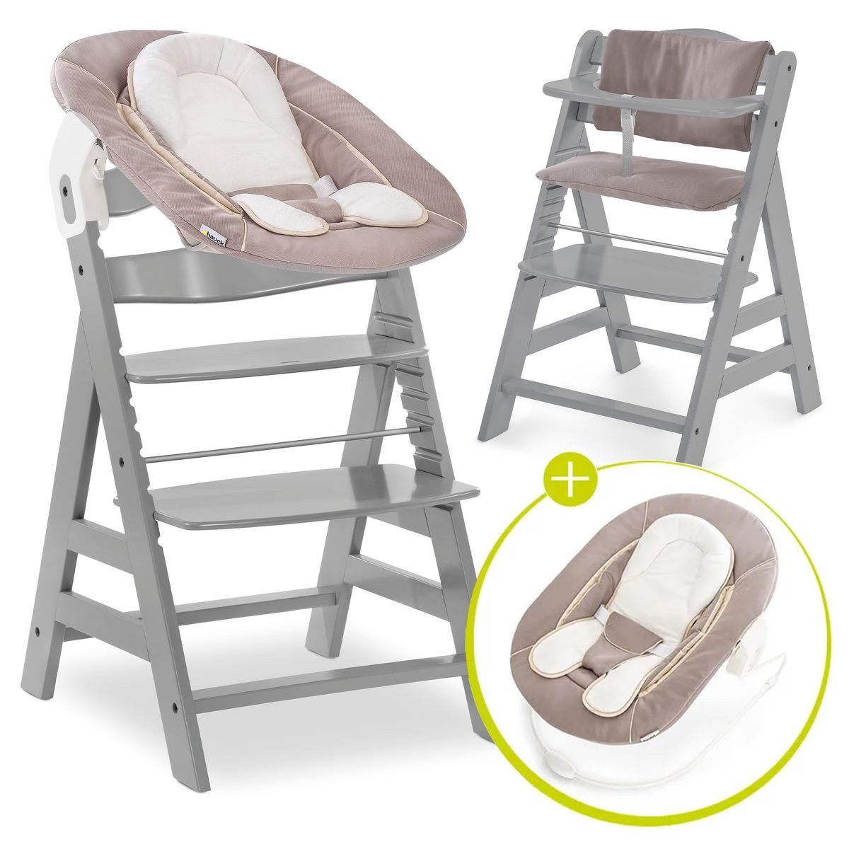 Hauck Hochstuhl Alpha Plus Newborn Set - Grey, Holz Babyhochstuhl ab Geburt inkl. Neugeborenenaufsatz & Sitzauflage