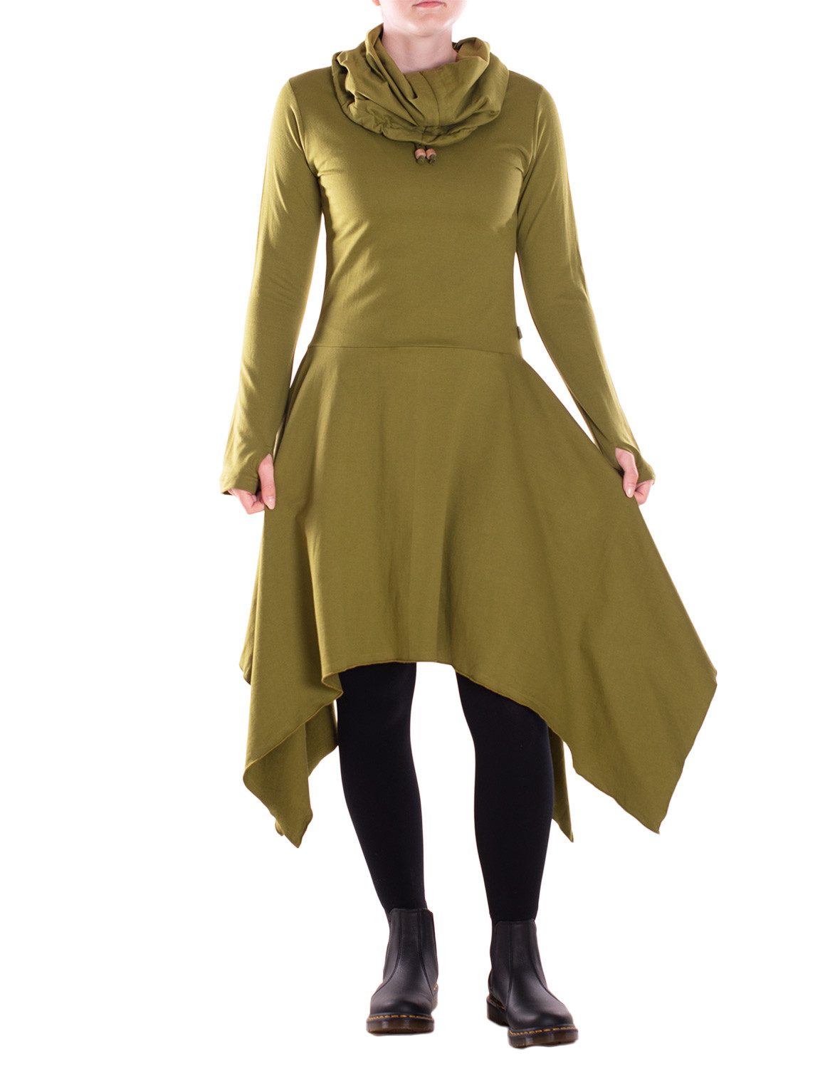 Vishes Zipfelkleid Damen Wadenlanges Kleid Baumwolle asymmetrisch Schalkragen mit Taschen Alternative Bekleidung, Ethno, Hippie, Retro Style