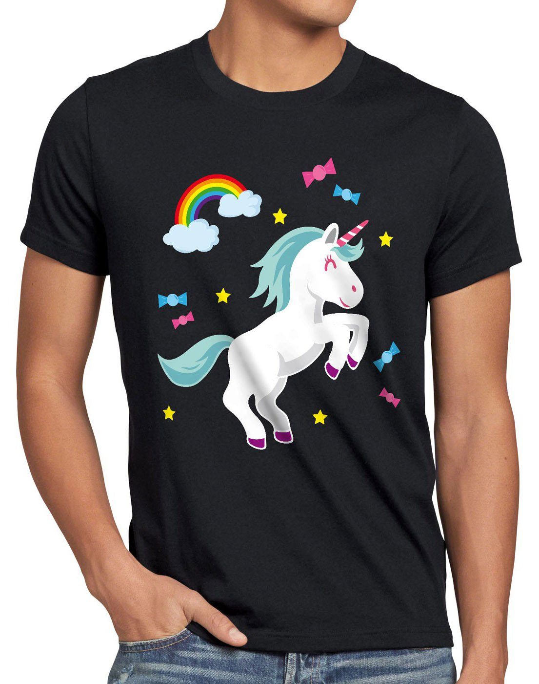 style3 Print-Shirt Herren T-Shirt Unicorn Candy Einhorn Regenbogen sterne pferd fun funshirt süß schwarz